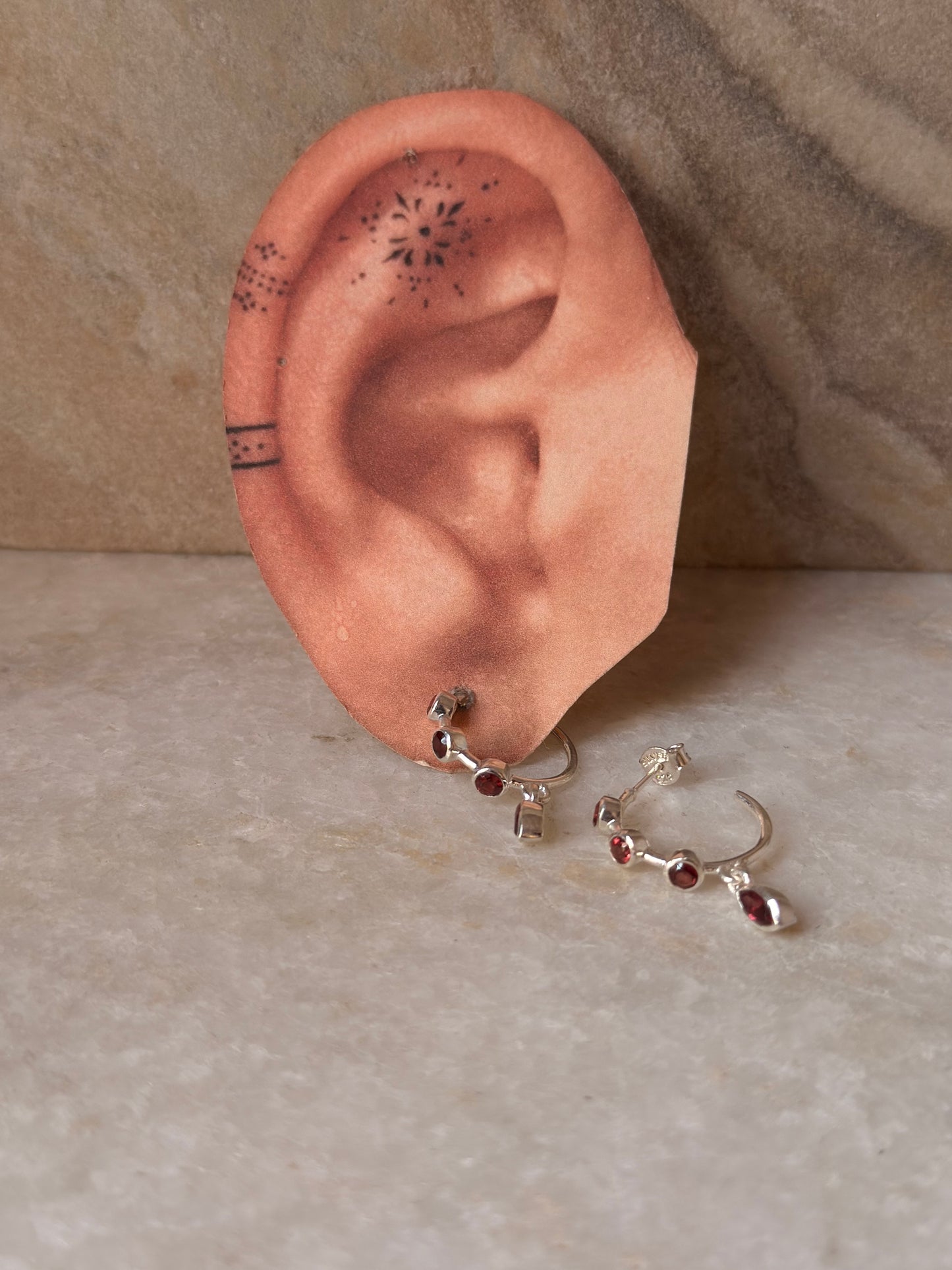 925 Sterling Silver Garnet Half Hoops Earrings