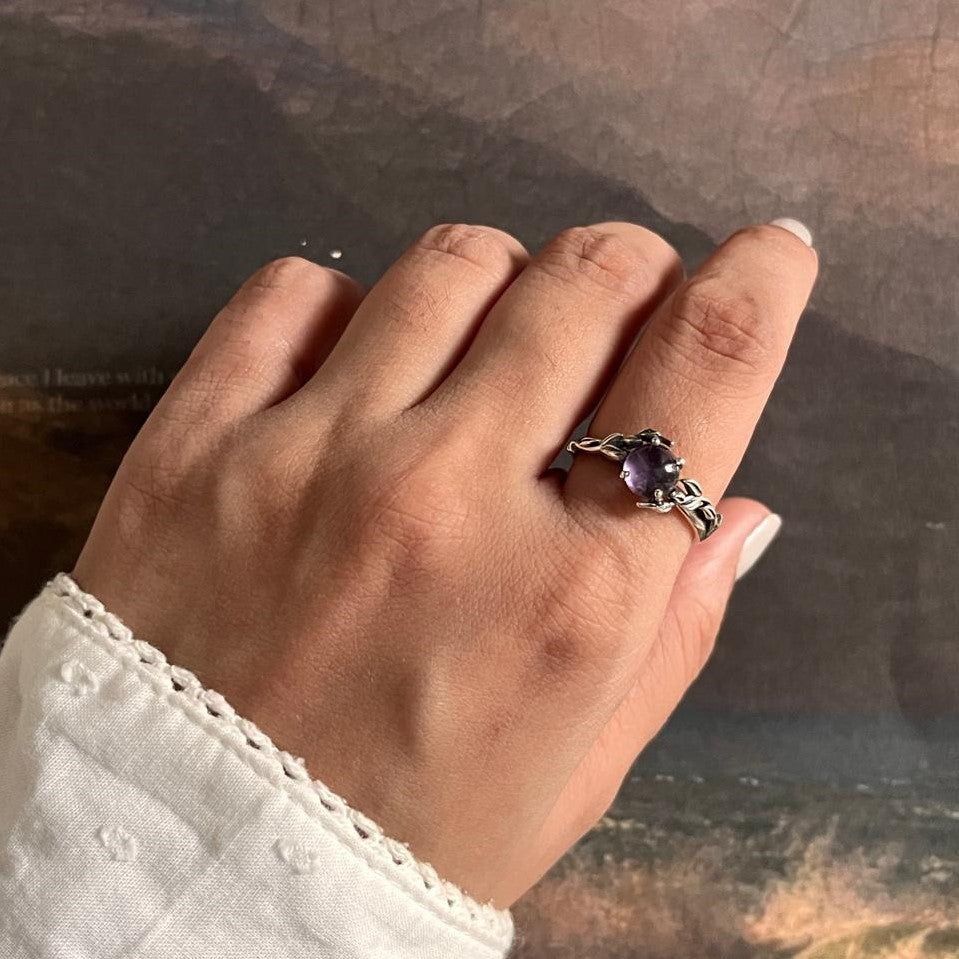 Silver Ring with Amethyst and Intricate Forest Detailing