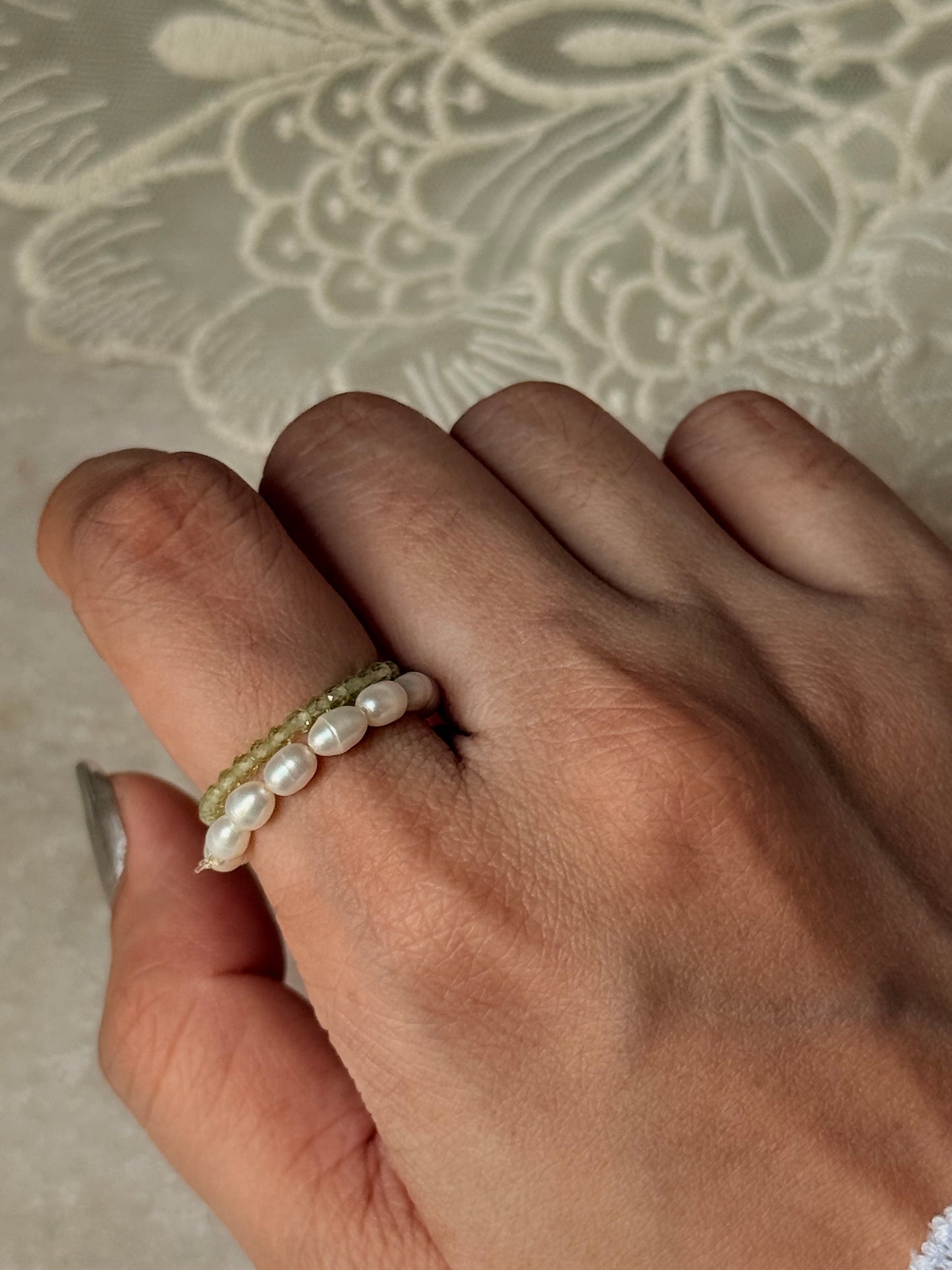 Natural Crystal Stretchy Fresh Water Pearl & Peridot Rings