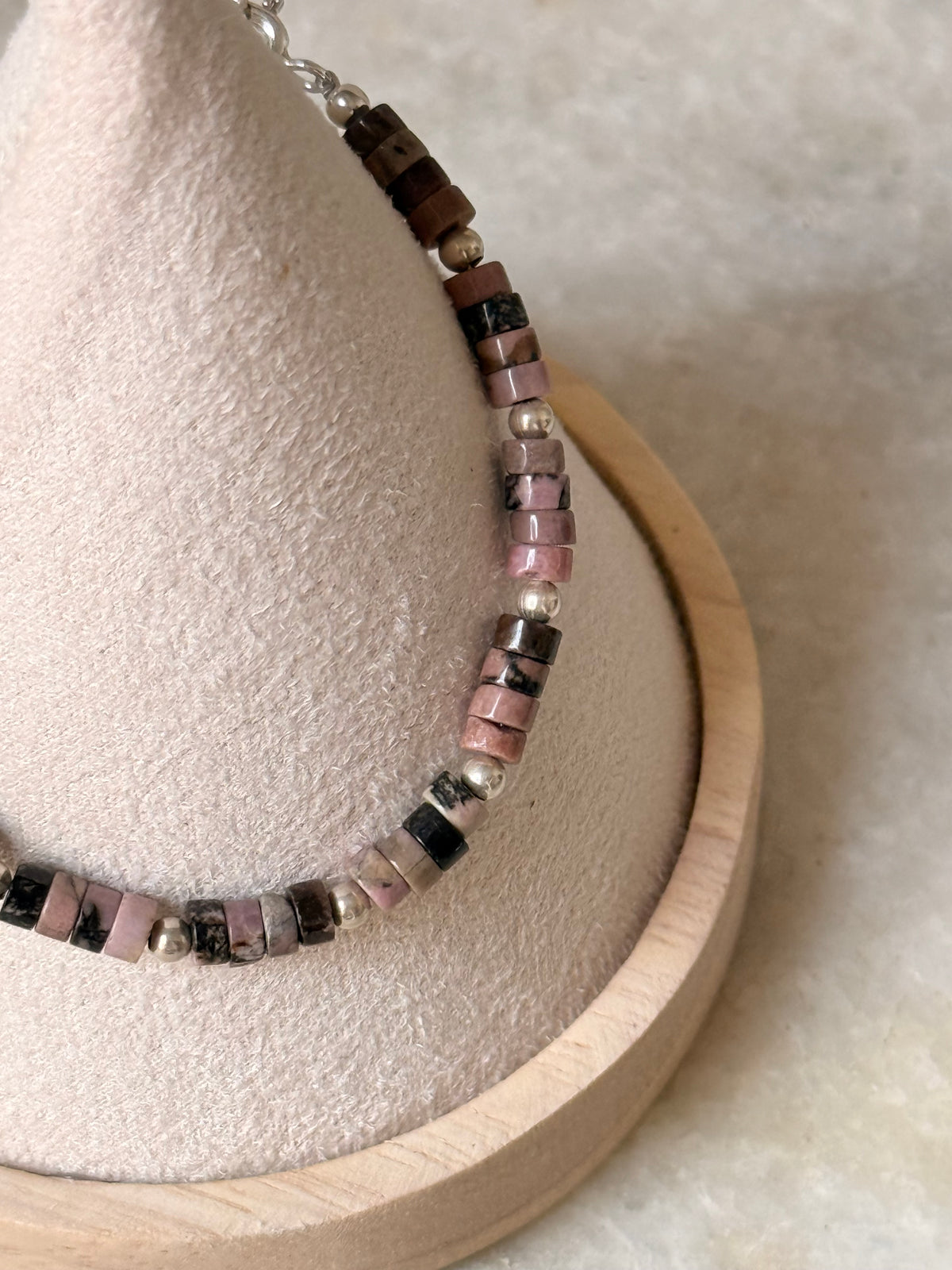 925 Sterling Silver Rhodonite Flat Tube Crystal Silver Balls Bracelet