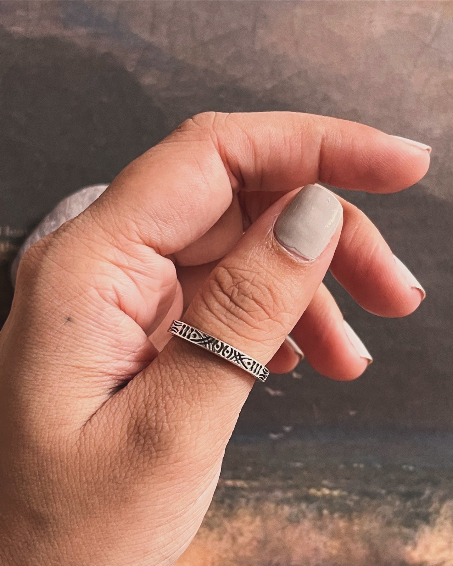 Charming tribal engraved full side band silver ring