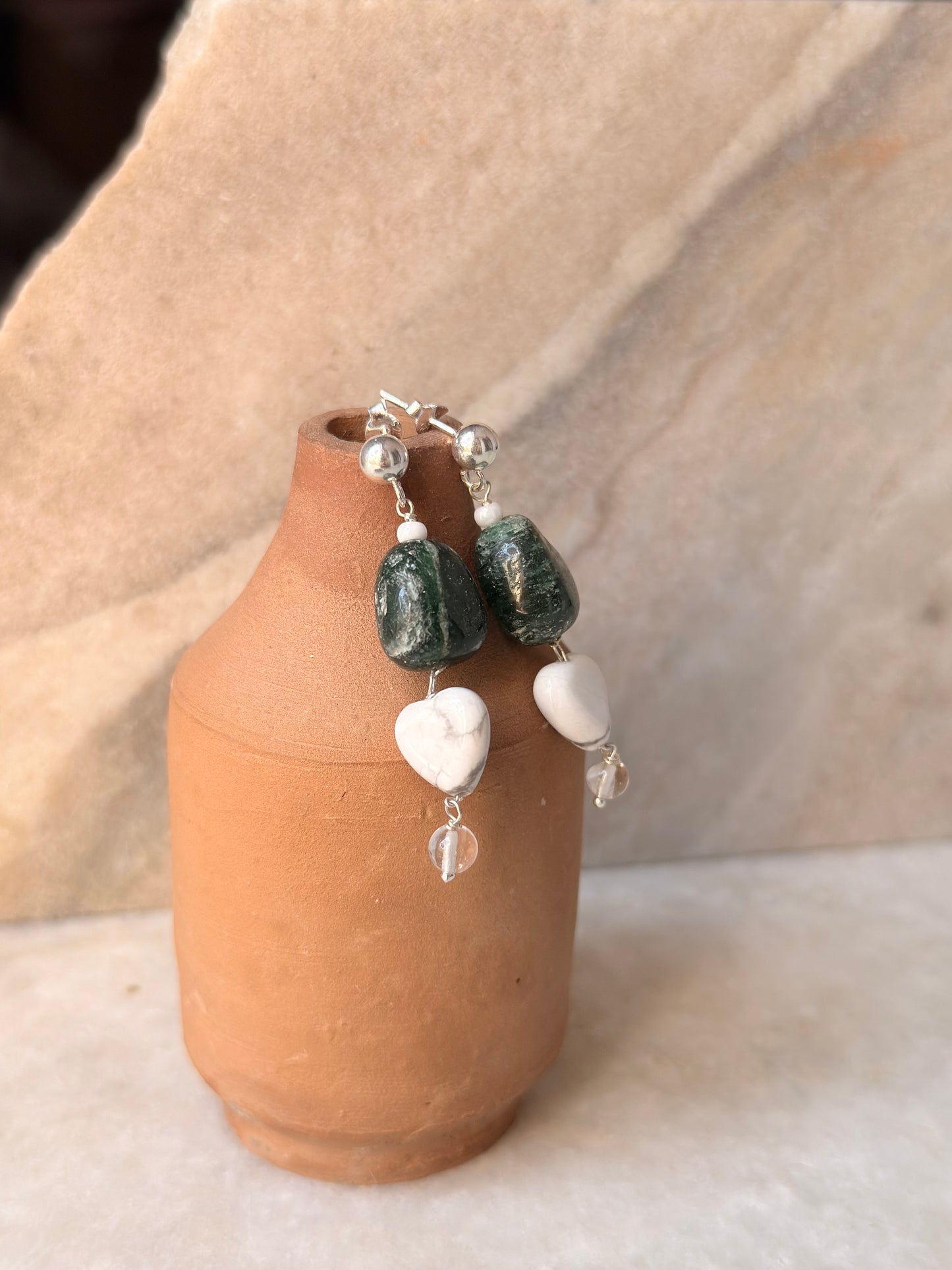925 Sterling Silver Green Aventurine, Howlite & Clear Quartz Earrings