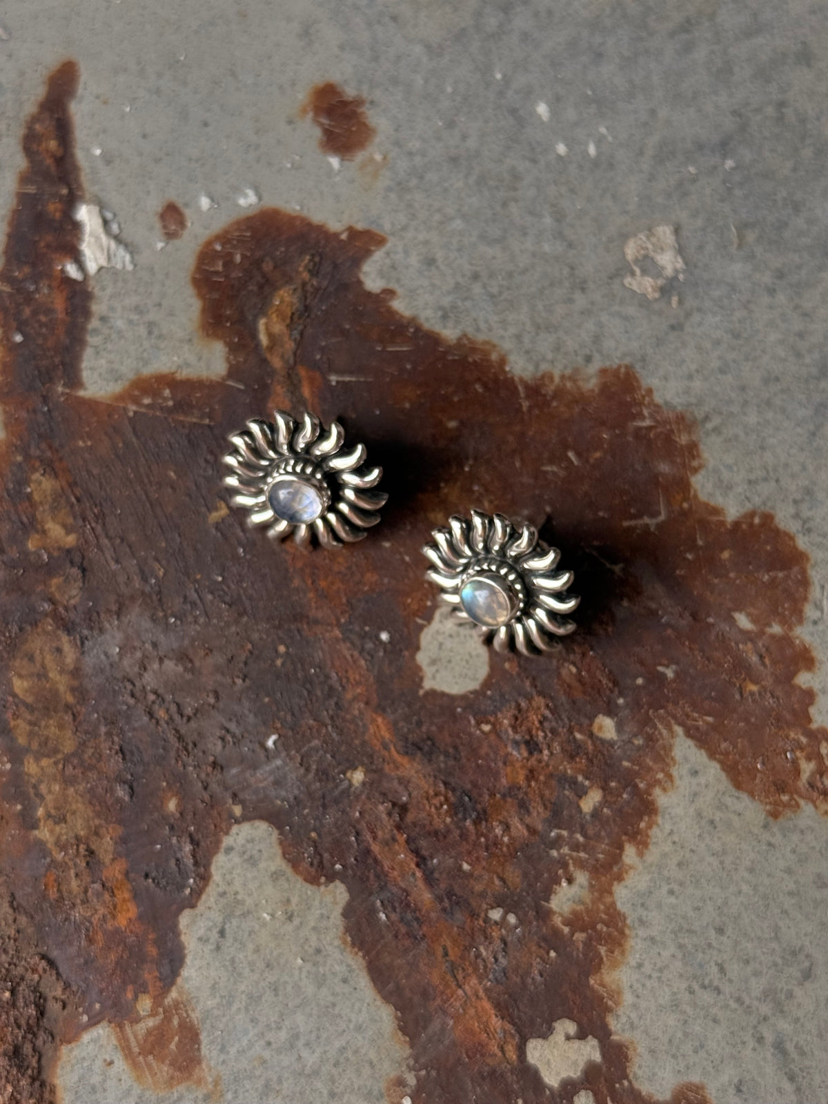 925 Sterling Silver Moonstone Big Sun Stud Earrings