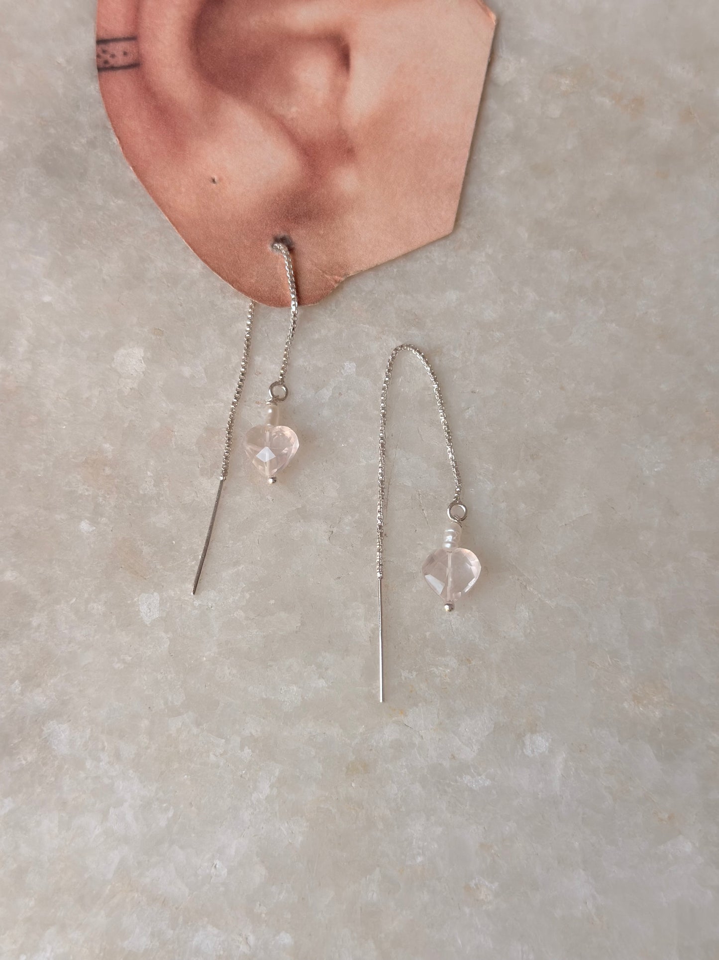 925 Sterling Silver Rose Quartz Heart & Pearl Sui Dhaga Earrings