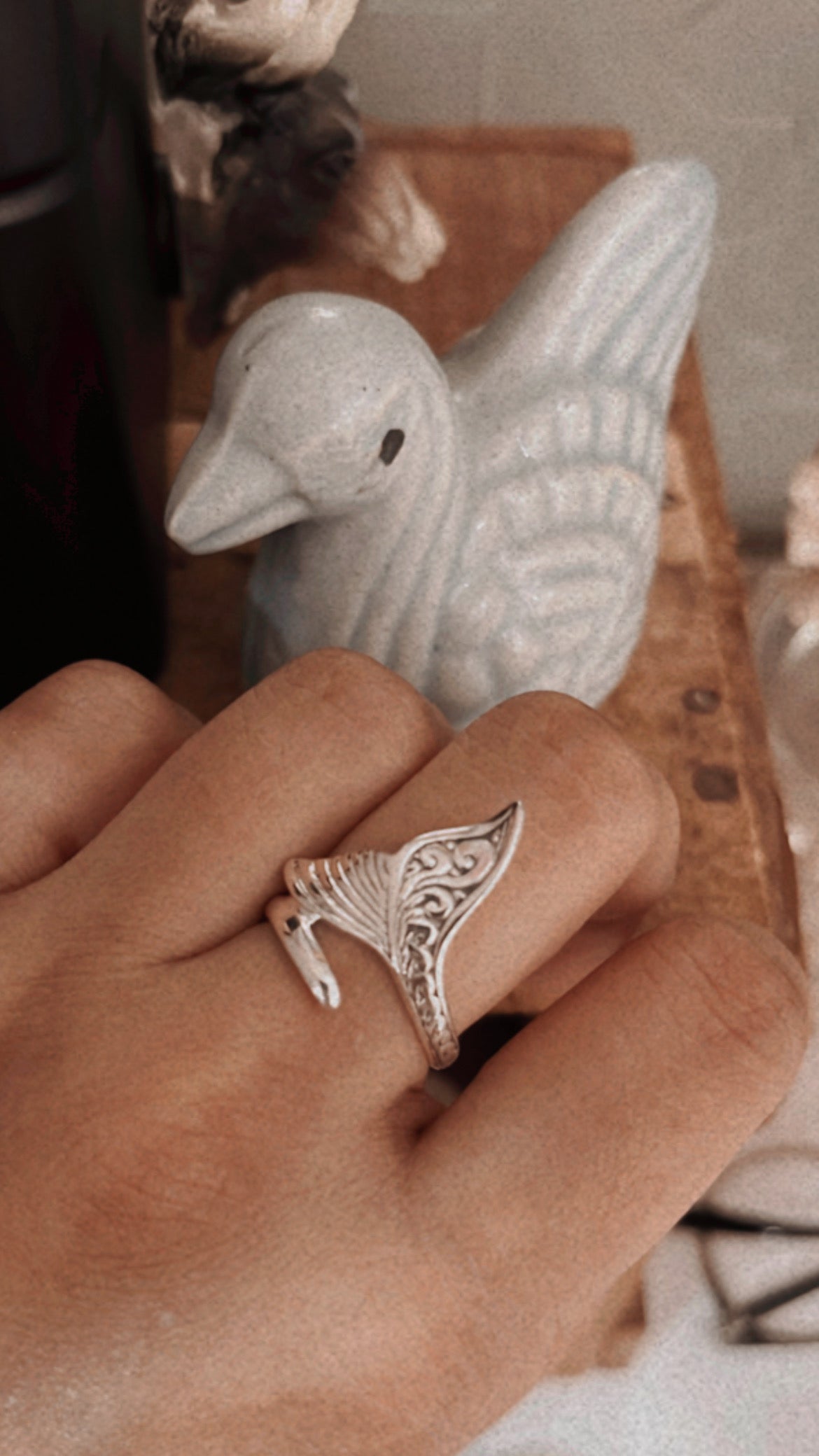 Handcrafted fish tail silver ring with delicate, detailed fish tail motif