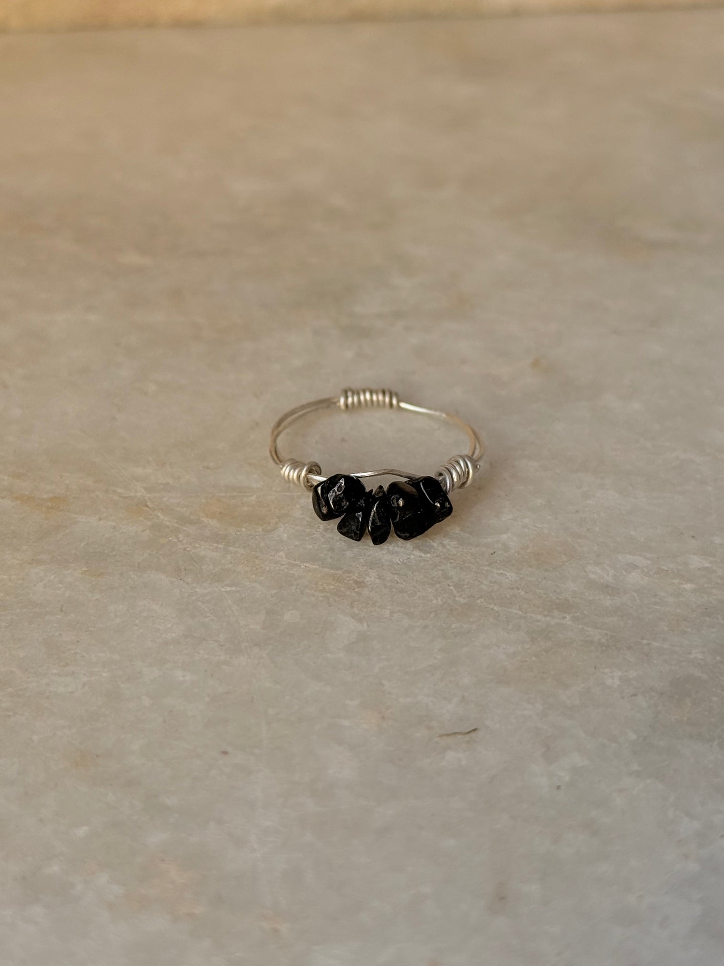 925 Sterling Silver Black Tourmaline Chips Wire Wrapped Handcrafted Ring