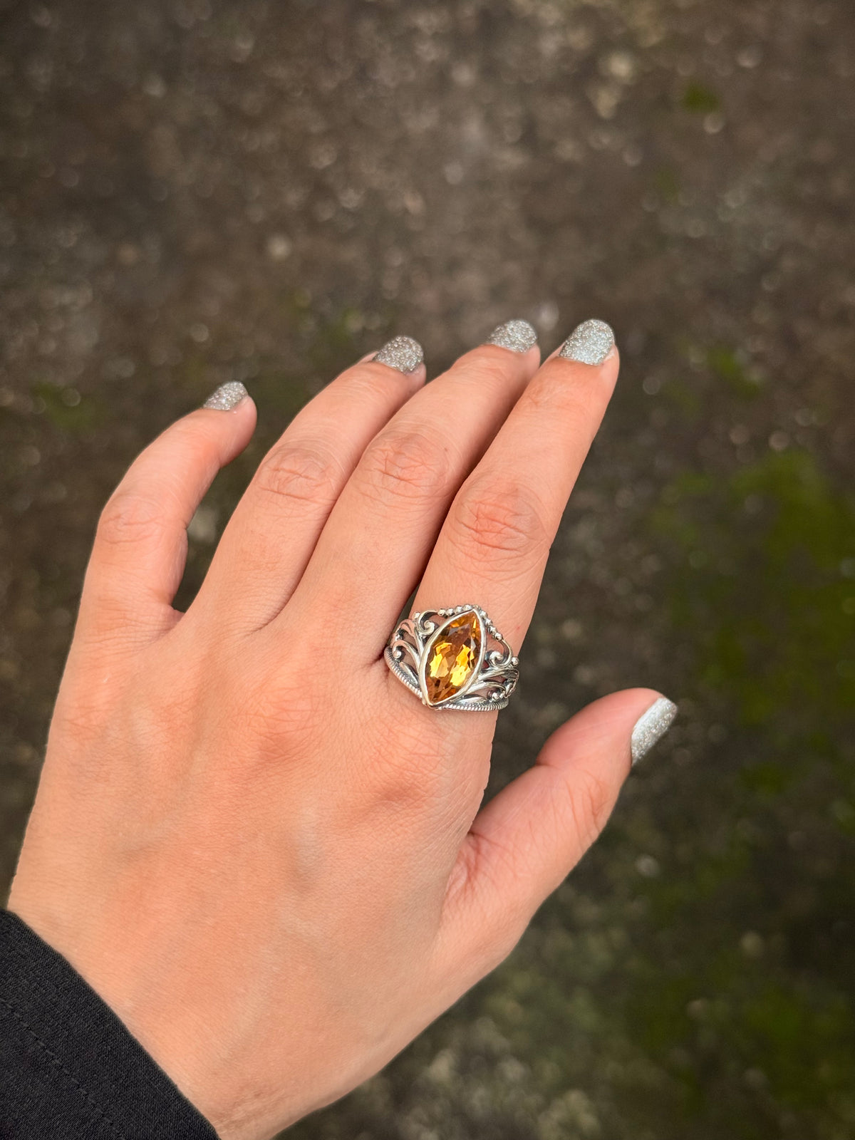 925 Sterling Silver Treated Citrine Marquise Vintage Crown Ring