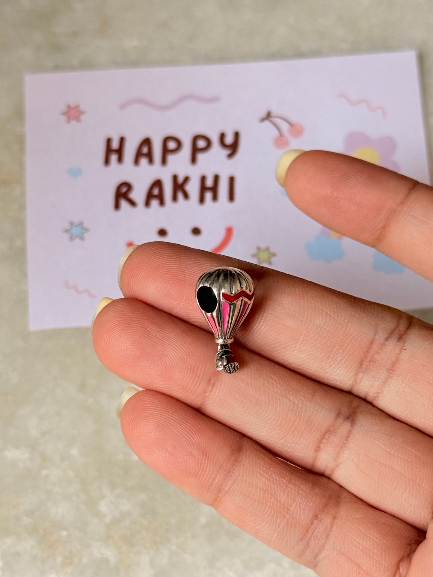 925 Sterling Silver Hot Air Balloon Charm - Reusable as Pendant / Bracelet Charm Handcrafted Rakhi