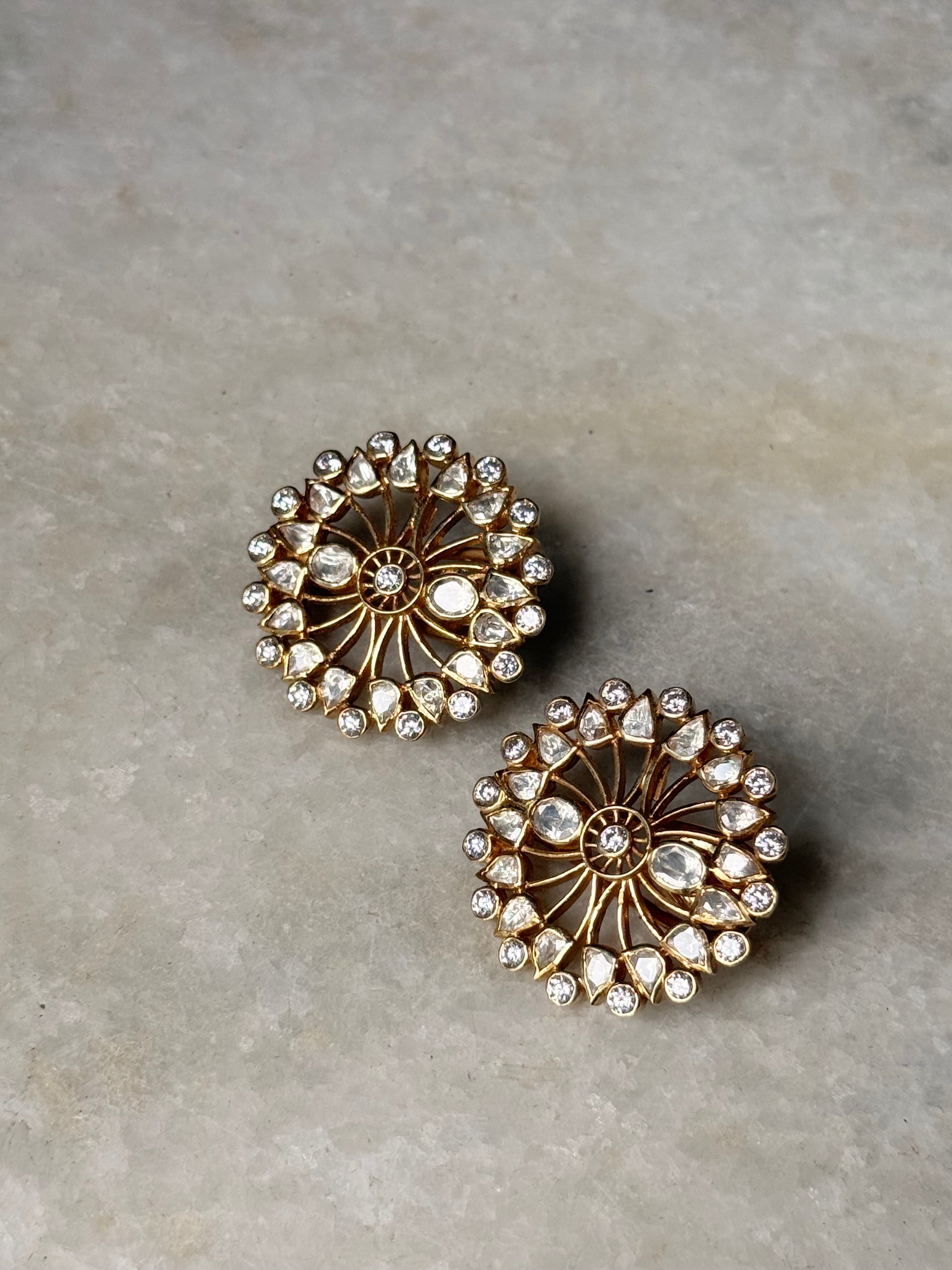 Handcrafted 925 Sterling Silver Gold Plated Moissanite Polki Big Flower Stud Earrings