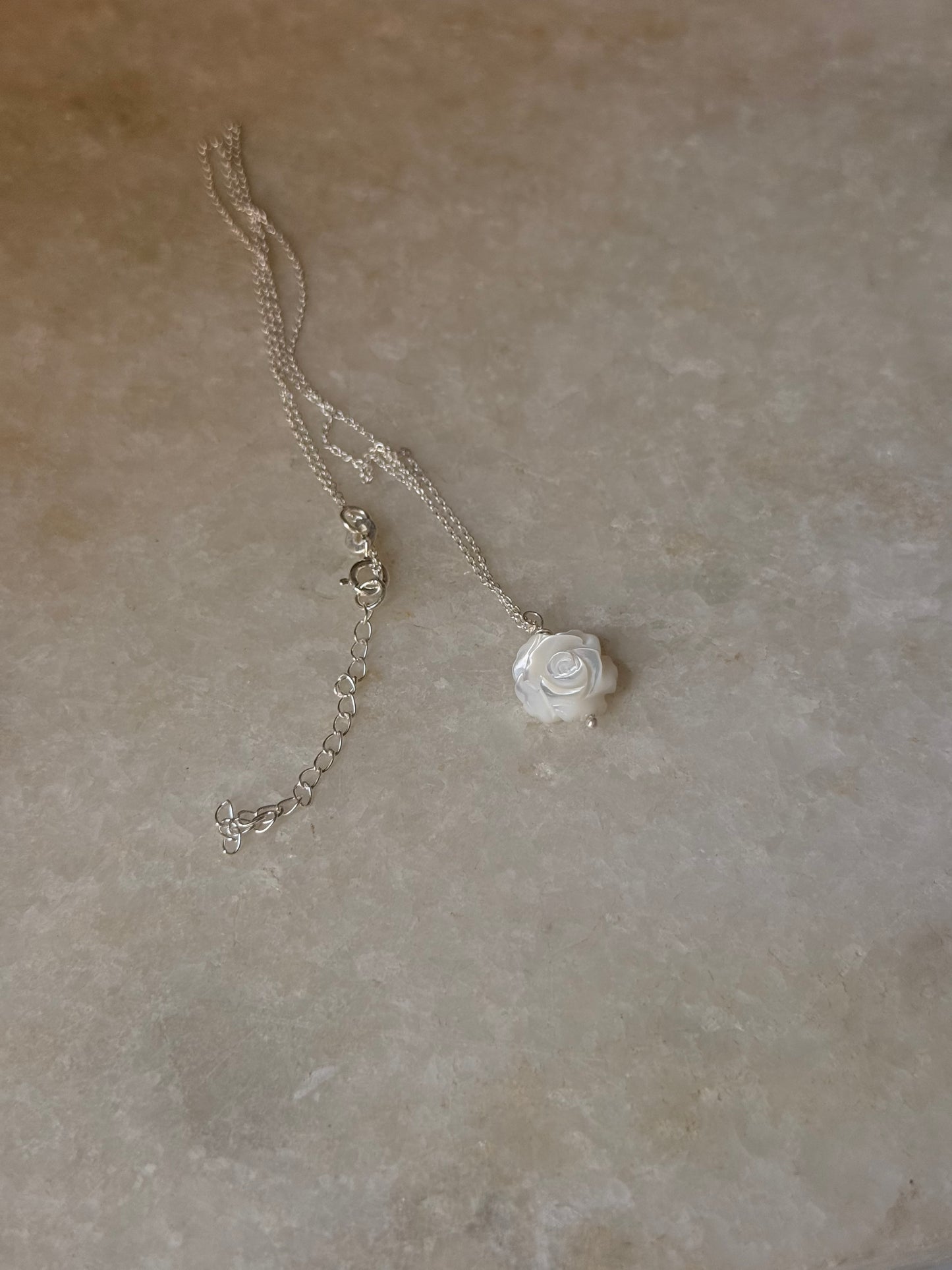 925 Sterling Silver Mother of Pearl Rose Carved Handcrafted Necklace