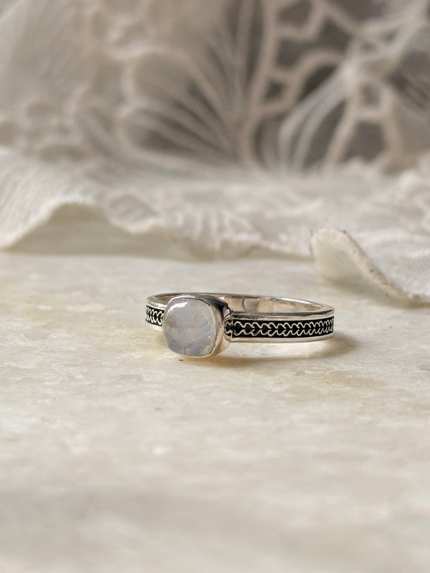 925 Sterling Silver Rainbow Moonstone Square Heart Band Ring