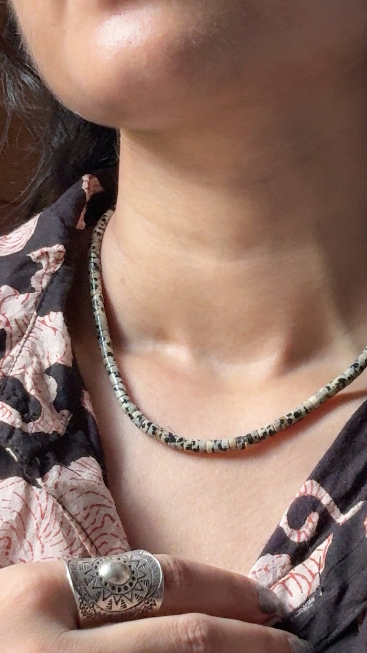 925 Sterling Silver Dalmatian Jasper Flat Tube Crystal Necklace