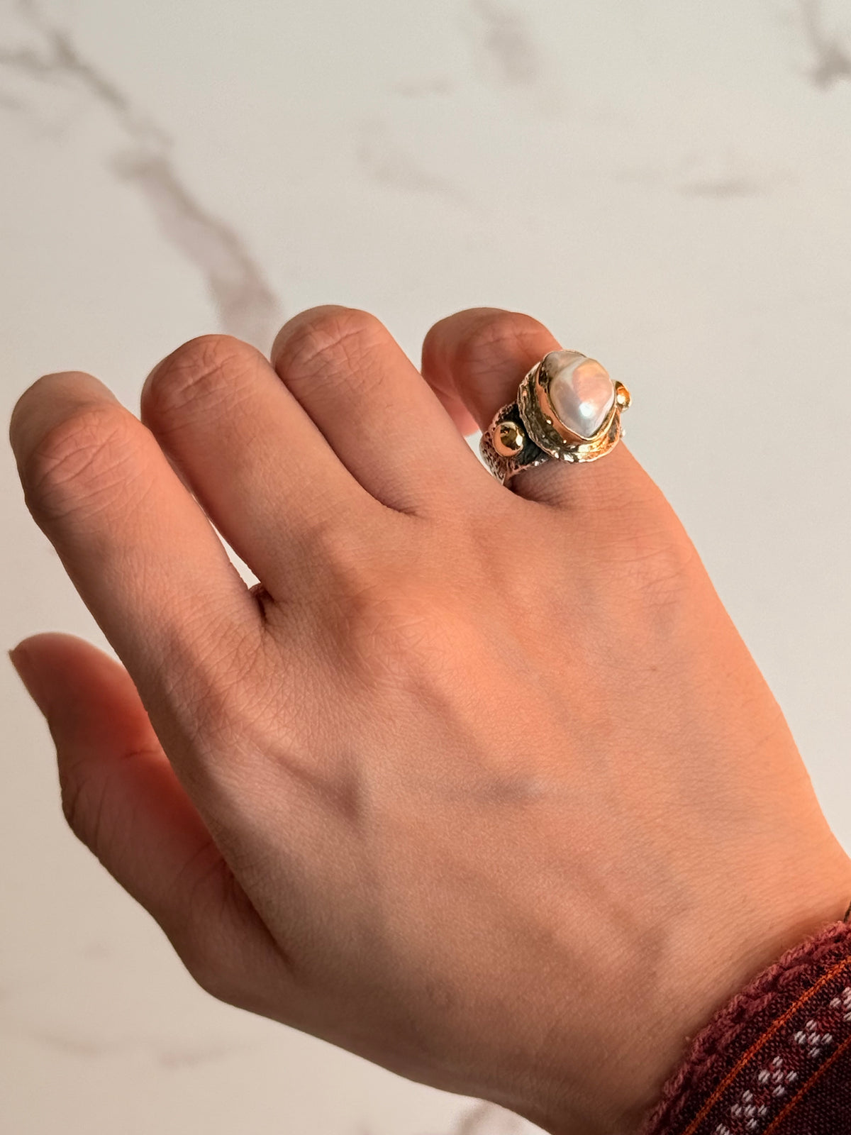 925 Sterling Silver Baroque Pearl Rustic Fusion Handcrafted Ring