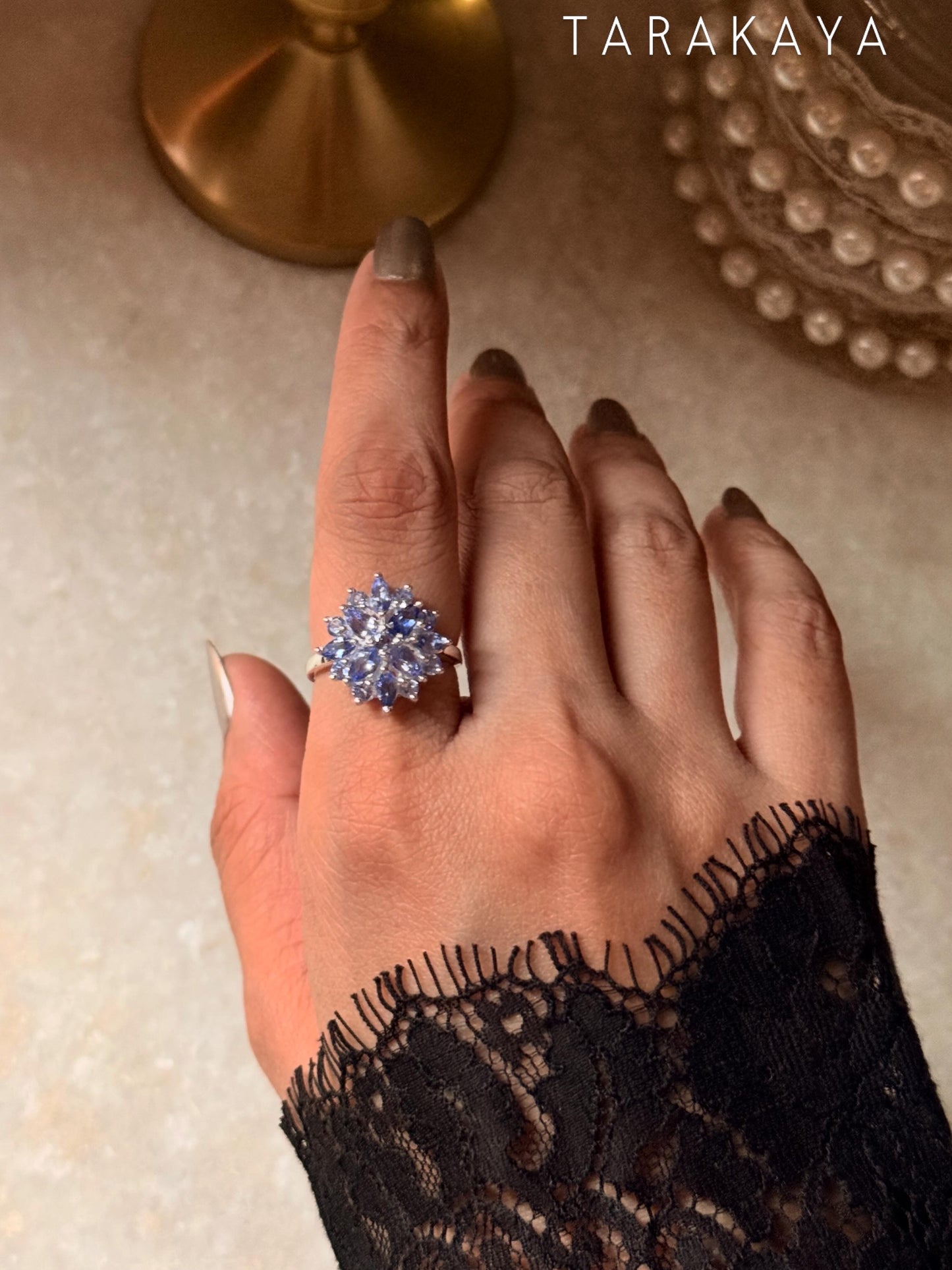 925 Sterling Silver Natural Tanzanite Faceted Big Flower Statement Ring