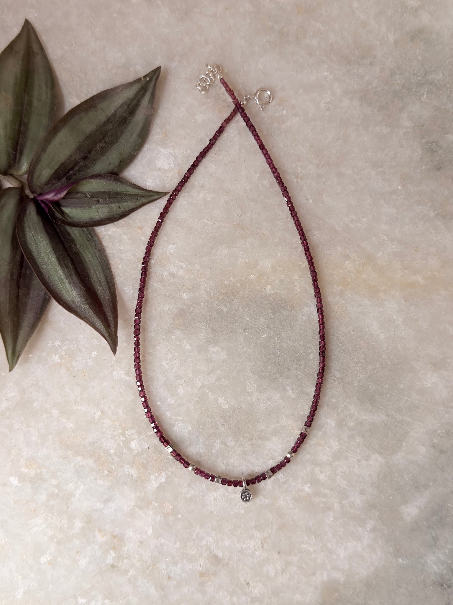 925 Sterling Silver Garnet Box 2mm Flower Charm Necklace