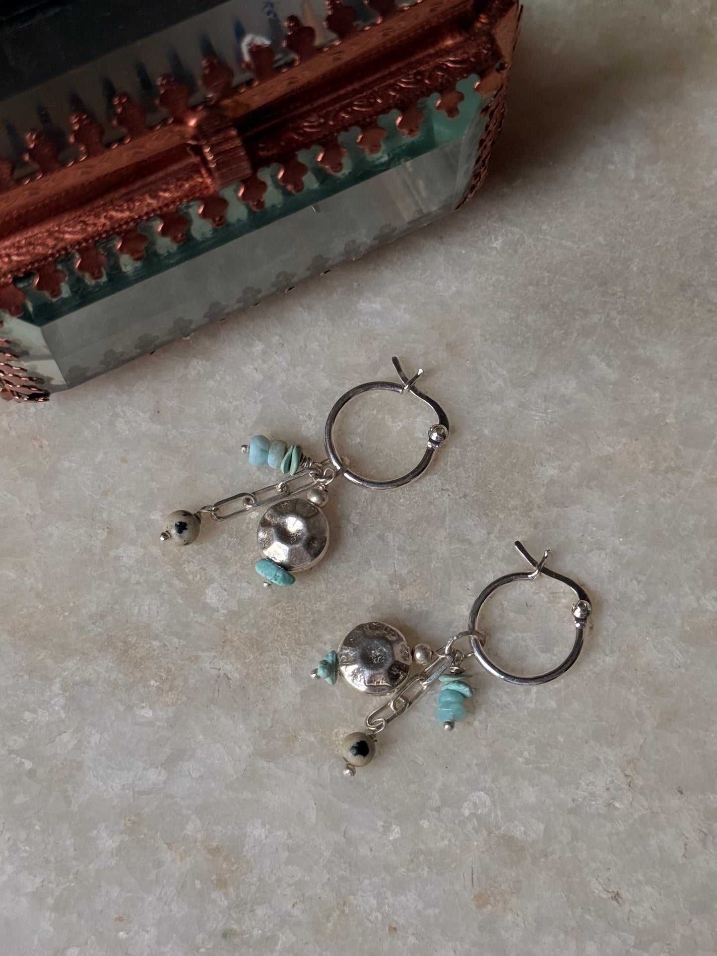 925 Sterling Silver Larimar , Turquoise , Dalmatian Jasper With Paper Clip Chain, Handcrafted Rustic Hoops Earrings