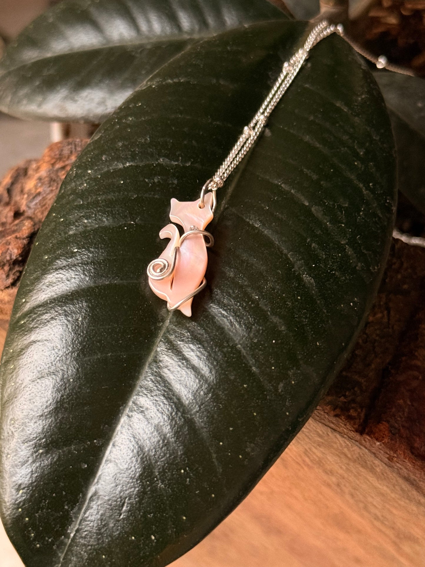 925 Sterling Silver Mother of Pearl Cat Cable Dot Handcrafted Necklace