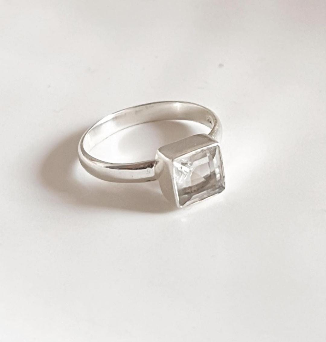 Stylish clear quartz square cut stone set in a silver ring