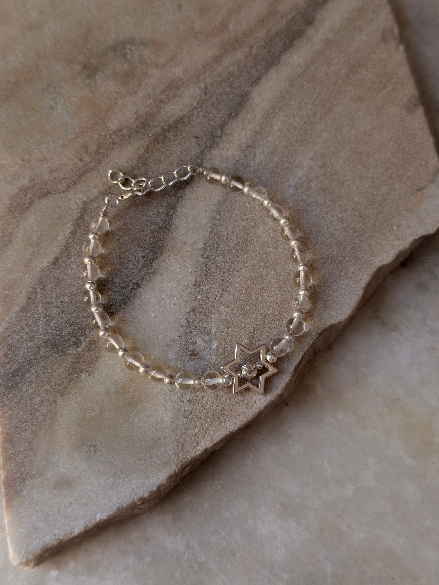 925 Sterling Silver Clear Quartz 4mm Silver Star Charm and Silver Disco Beads Bracelet - Beaded in Pure Silver 925 Wire