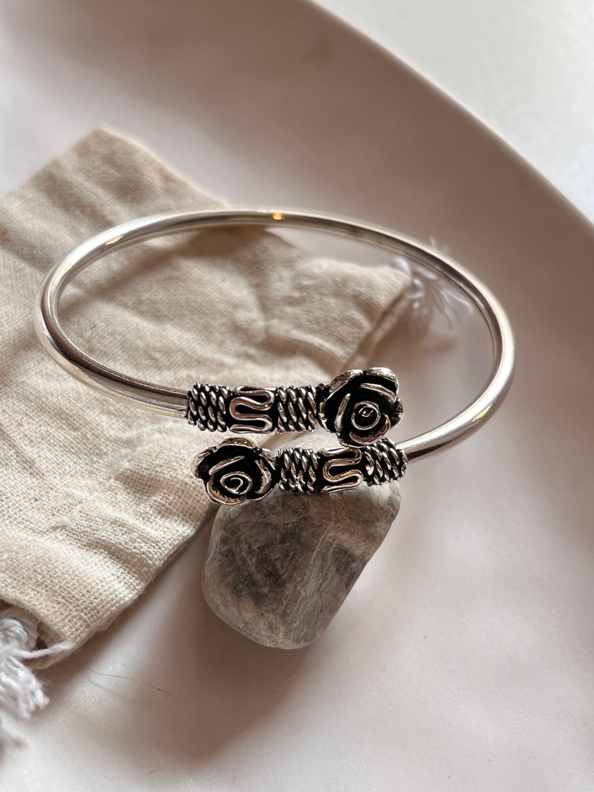 Adjustable Silver Kada with Antique Rose Design