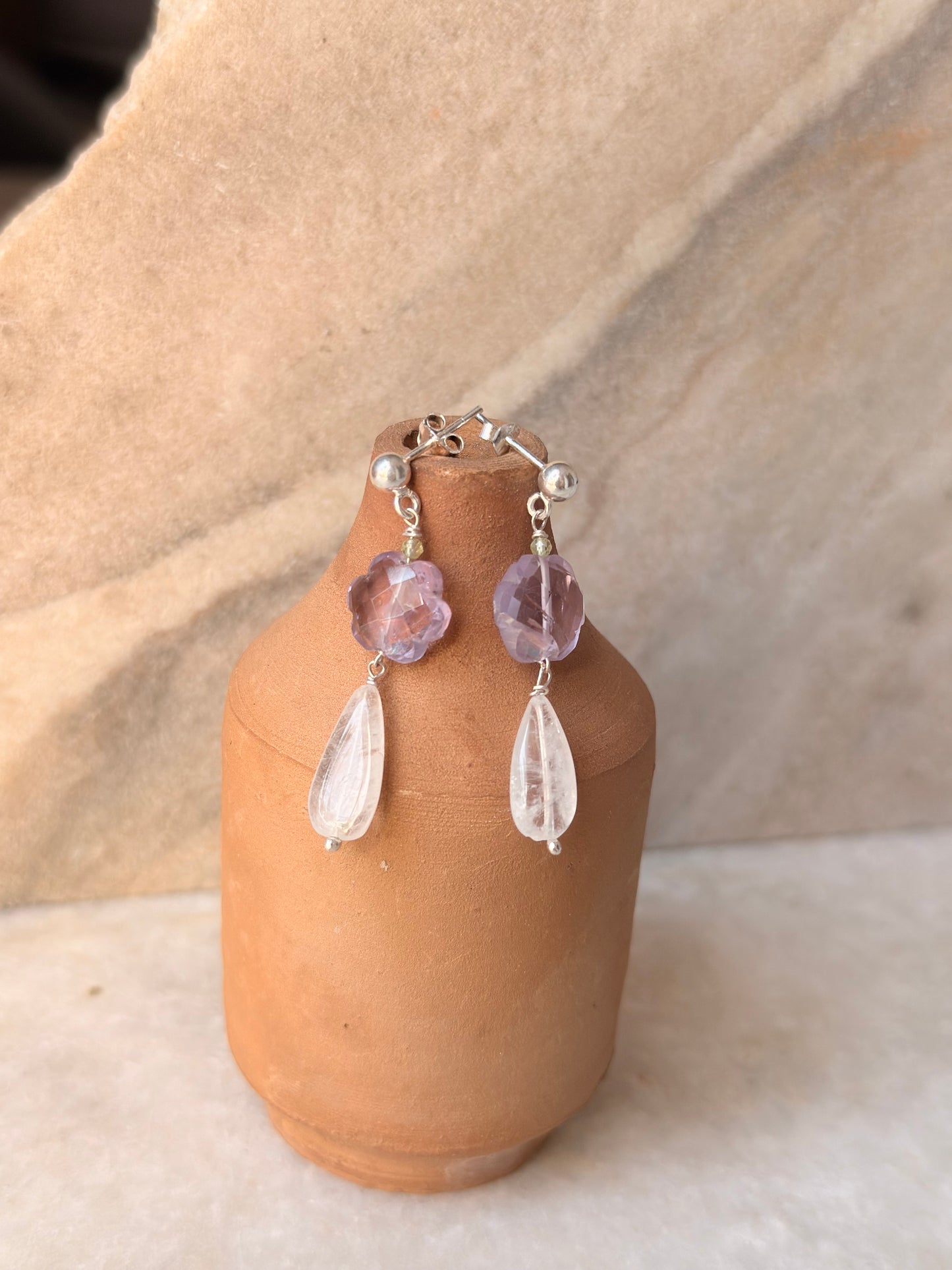 925 Sterling Silver Amethyst Flower , Peridot & Moonstone Earrings