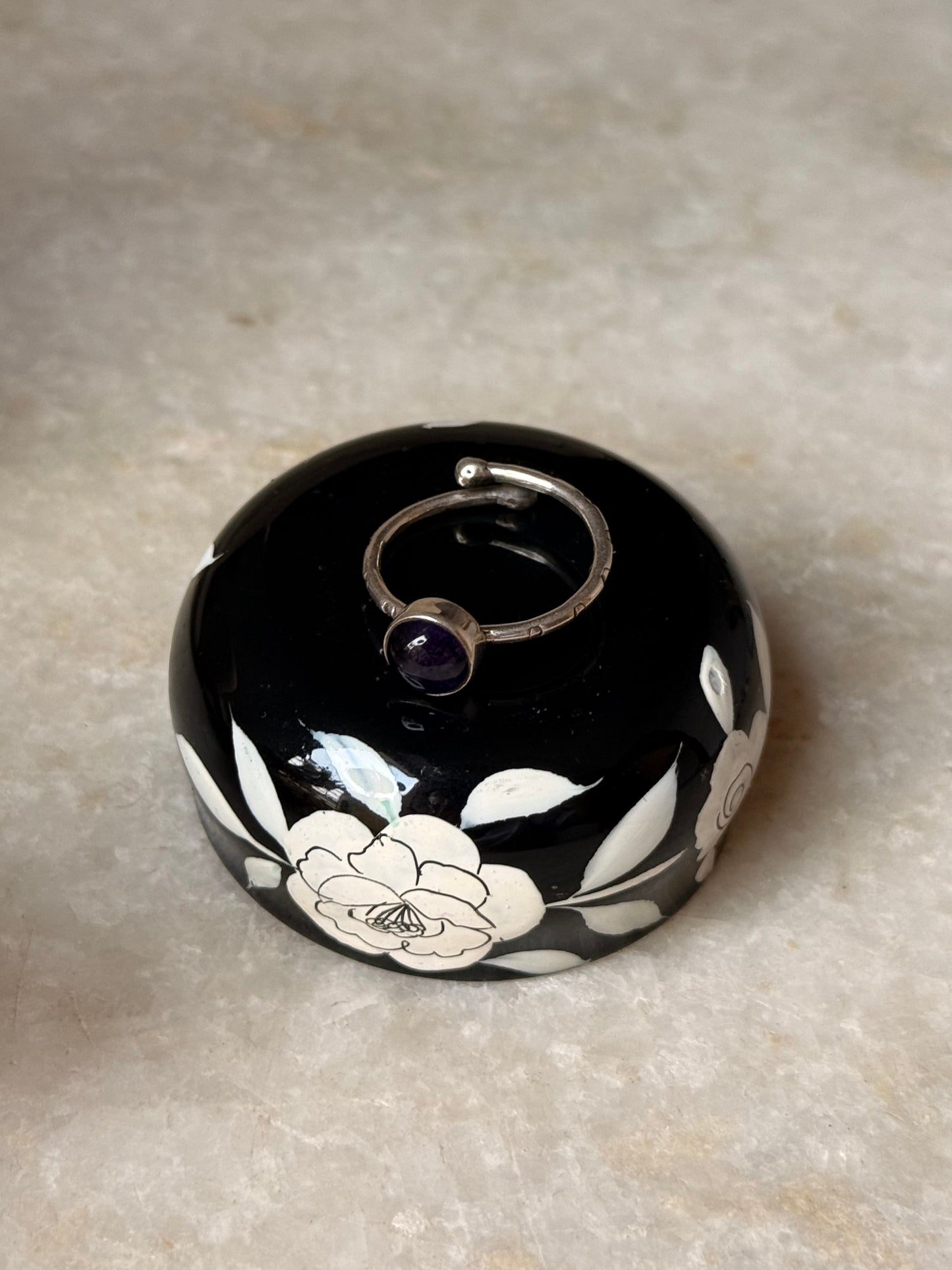 Amethyst Round Tribal Engraved Adjustable 925 Sterling Silver Ring