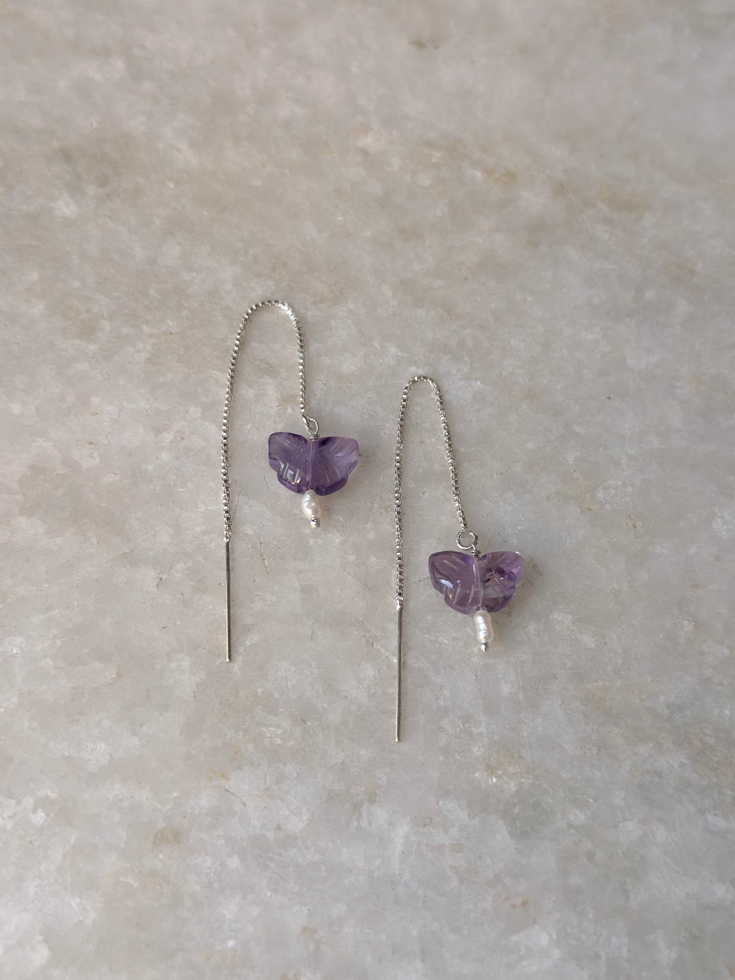 925 Sterling Silver Amethyst Butterfly & Pearl Threader Earrings