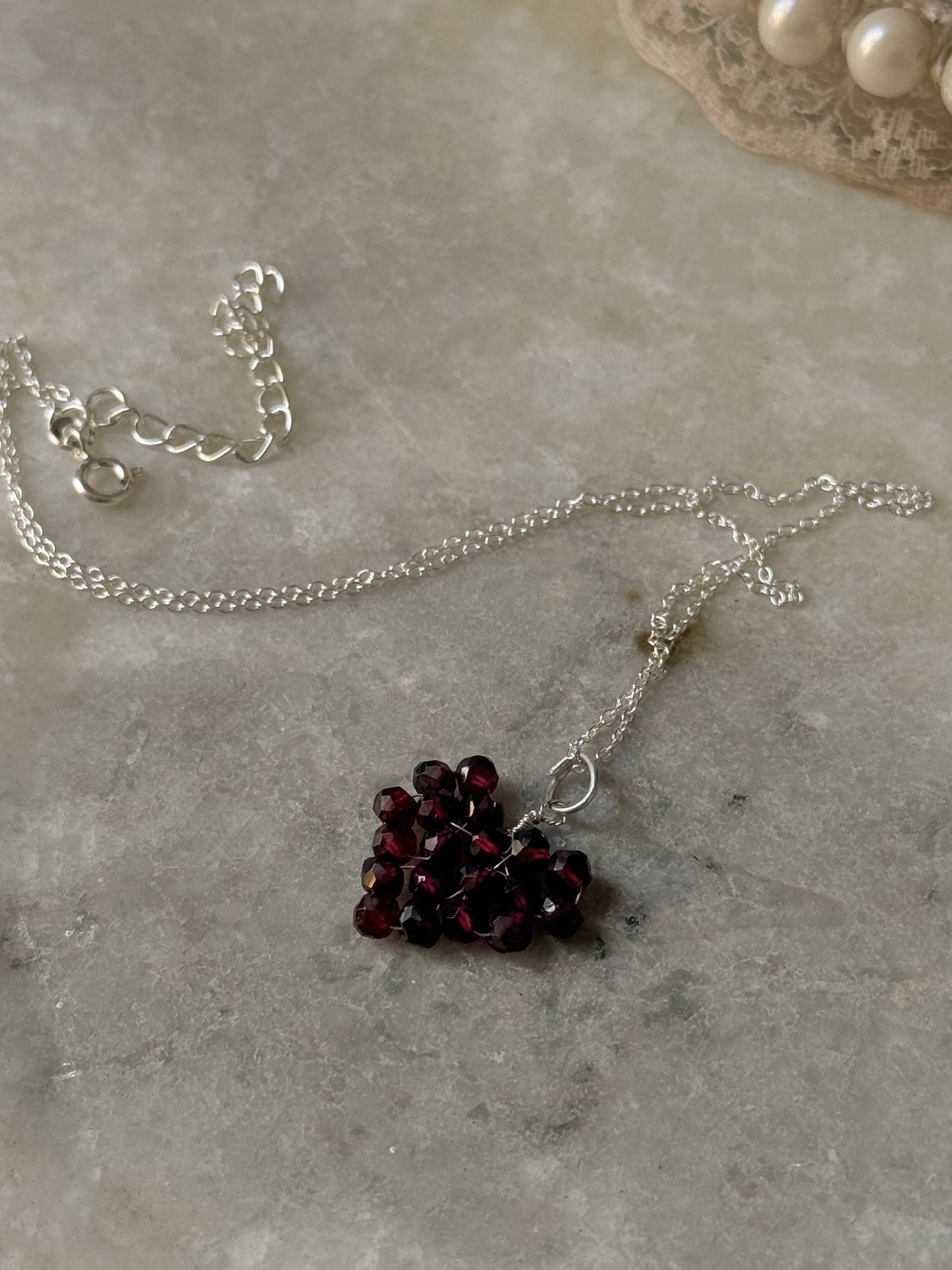 925 Sterling Silver Garnet Heart Beaded Wire Wrapped Handcrafted Love Necklace