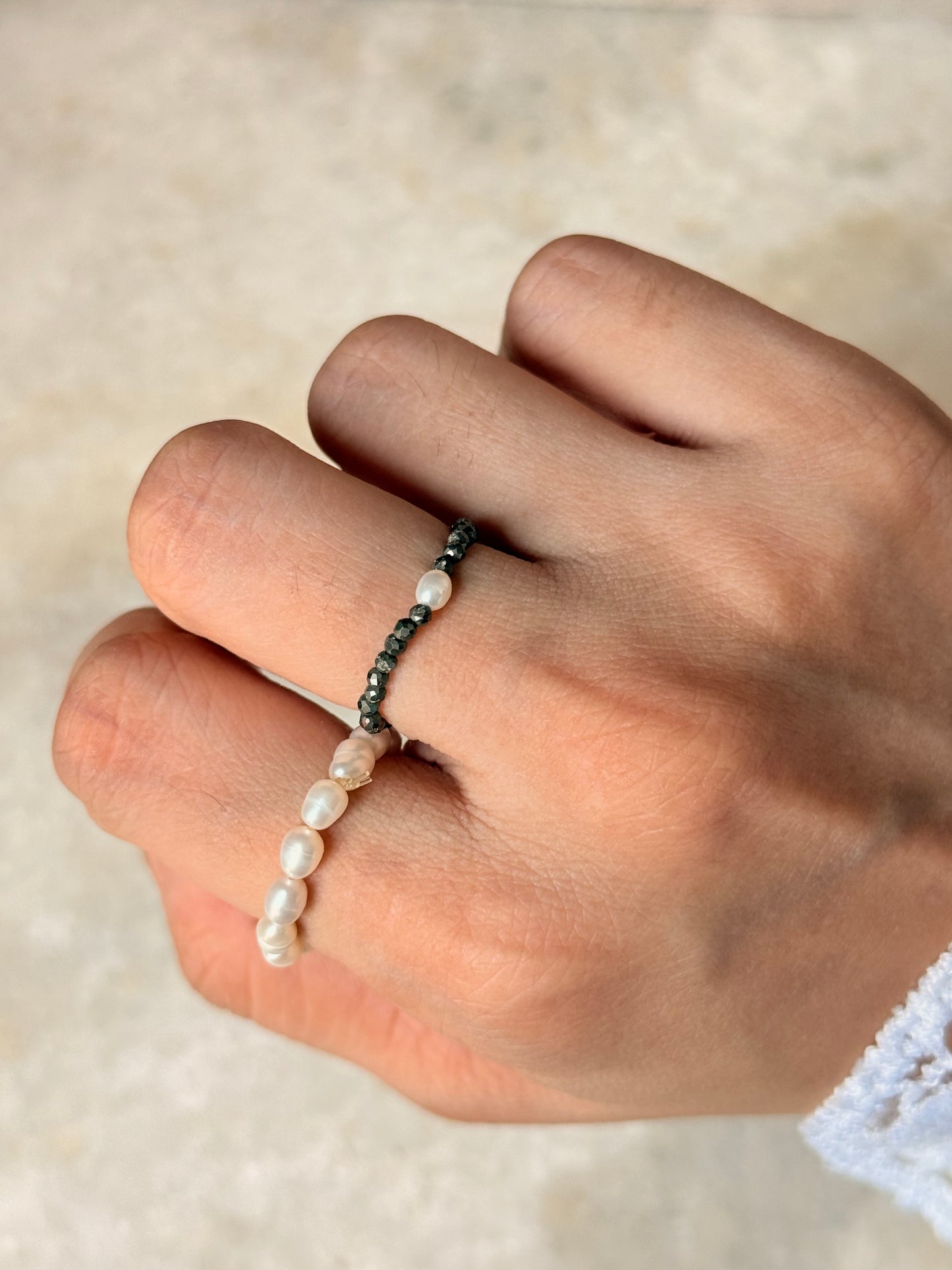 Natural Crystal Stretchy Fresh Water Pearl & Pyrite Pearl Rings