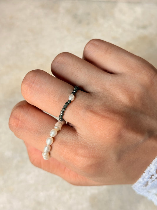 Natural Crystal Stretchy Fresh Water Pearl & Pyrite Pearl Rings