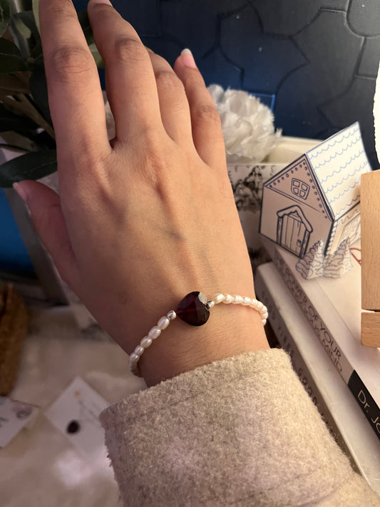 Silver Garnet Heart Bracelet with Pearls for Love