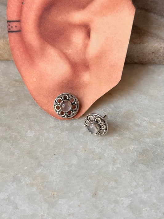 925 Sterling Silver Rose Quartz Round Flower Earrings