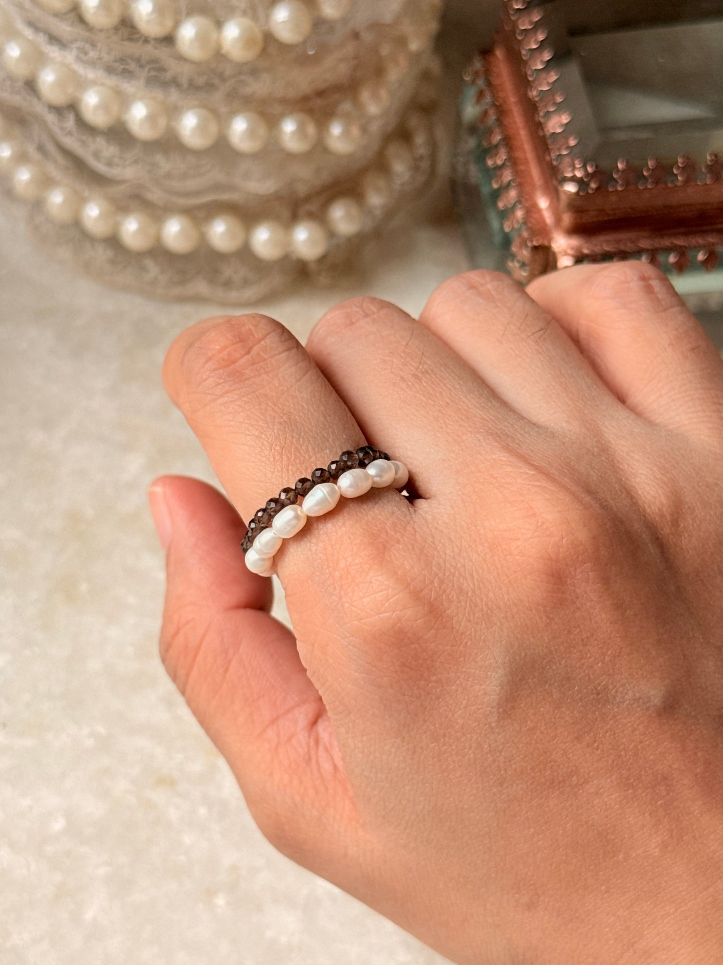 Natural Crystal Stretchy Smokey Quartz 2mm & Fresh Water Pearl Rings