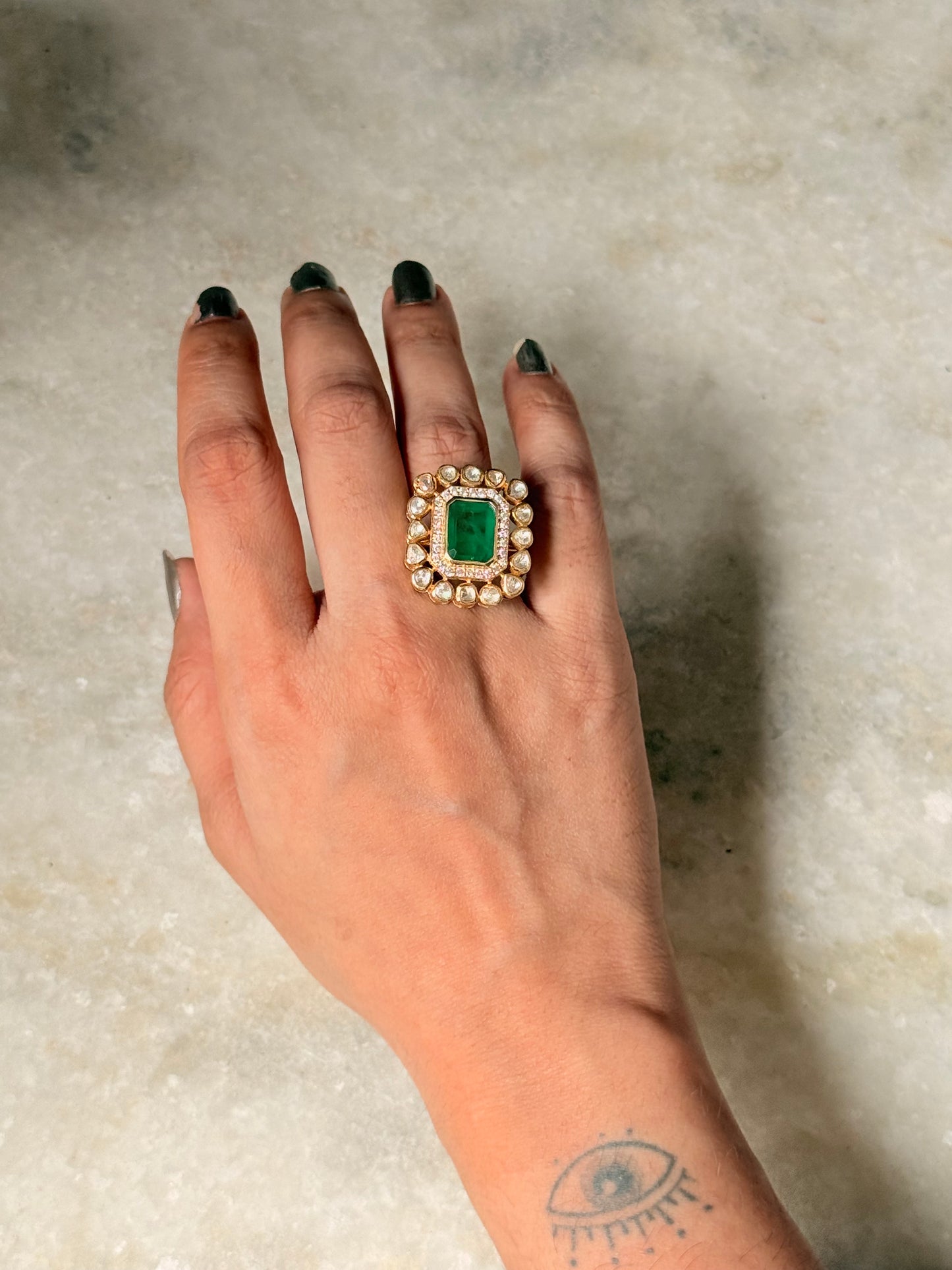 925 Sterling Silver Gold Plated Green onyx , Antique Moissanite Polki Adjustable Ring