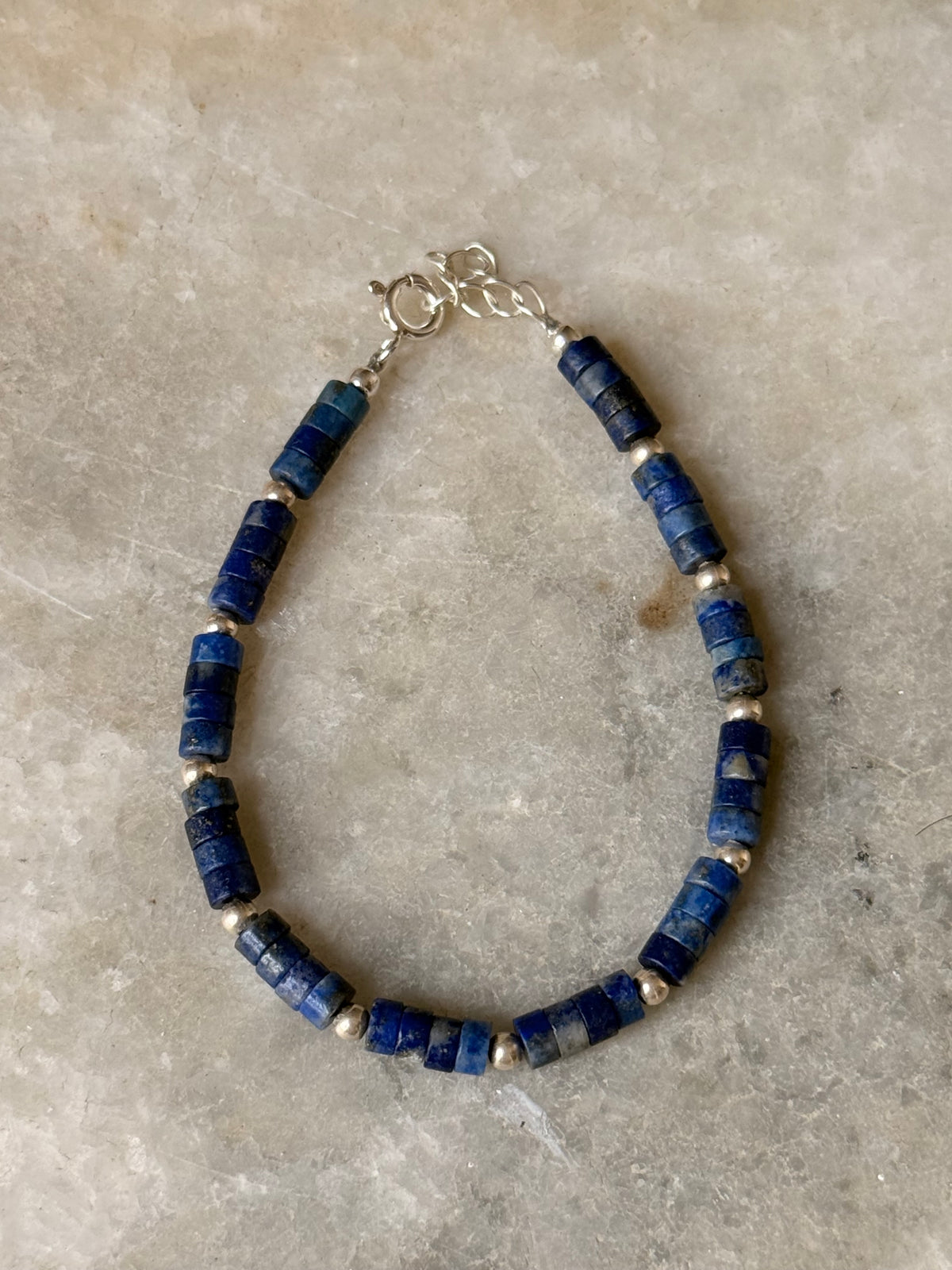 925 Sterling Silver Lapis Lazuli Flat Tube Crystal Silver Balls Bracelet