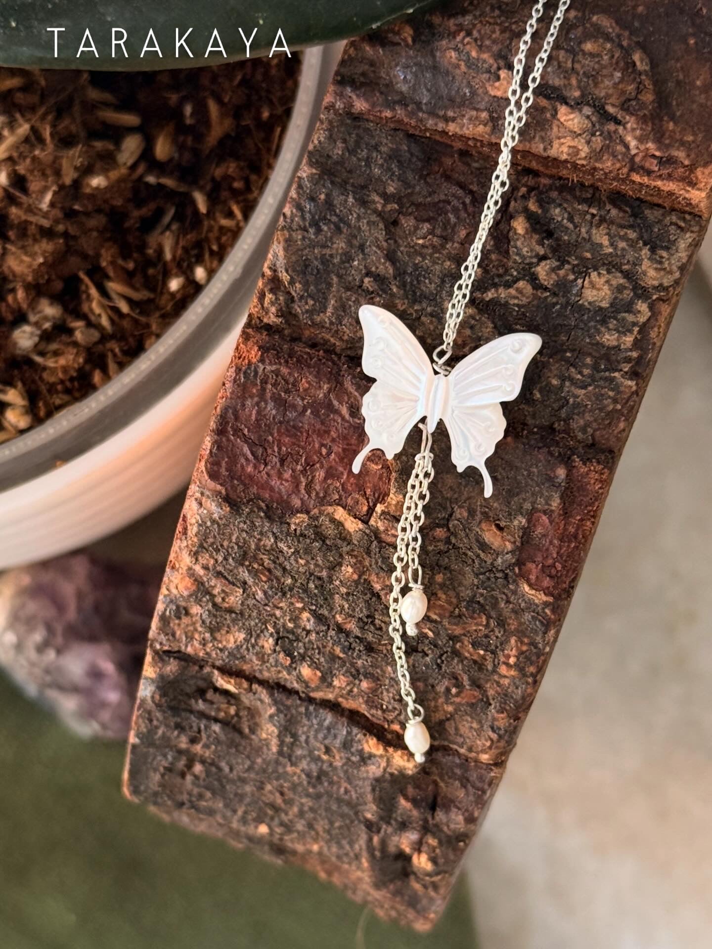 925 Sterling Silver Mother of Pearl Butterfly, Adjustable Chain With Fresh Water Pearls Charm Handcrafted Necklace