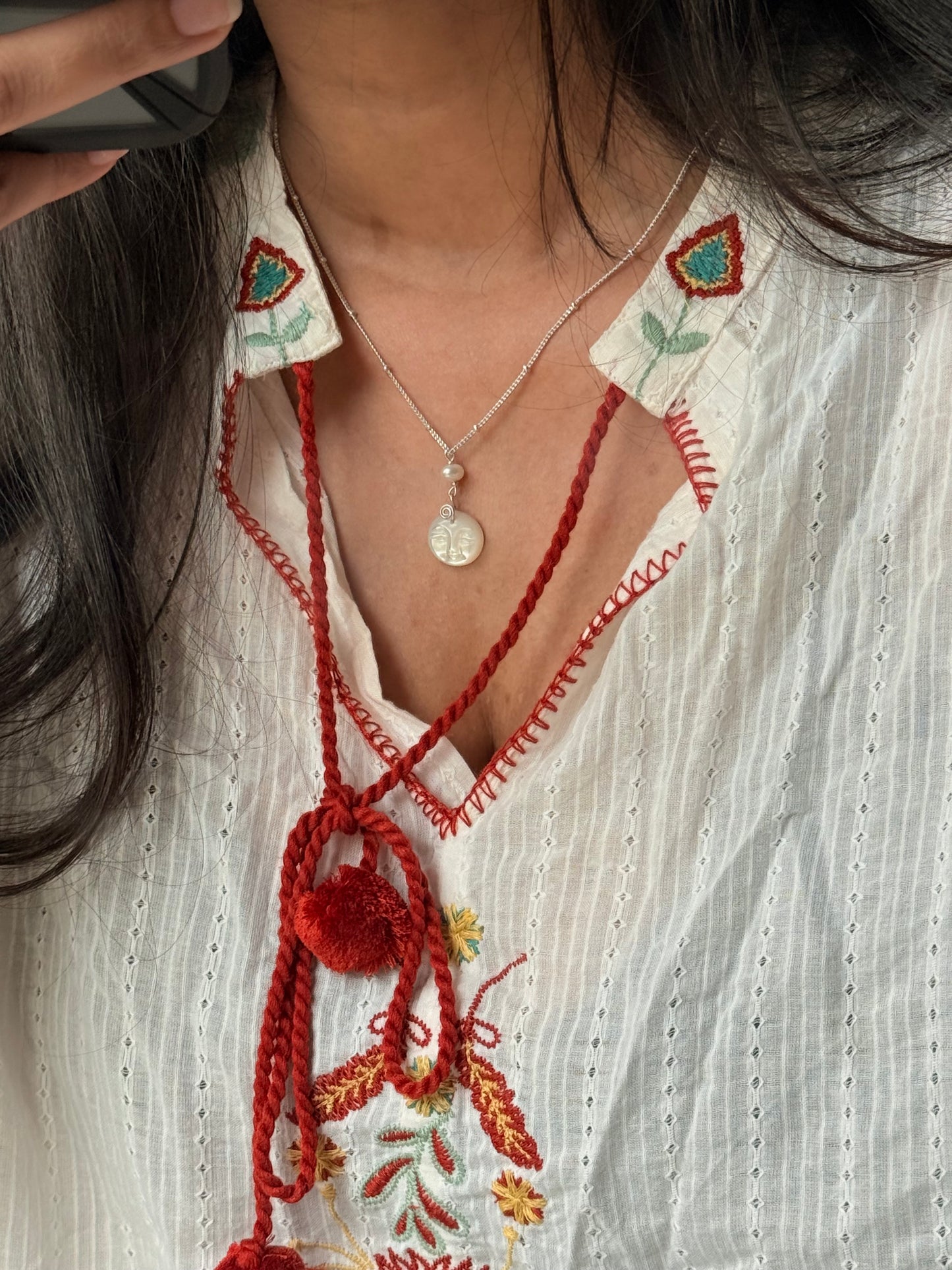 925 Sterling Silver Mother of Pearl Moon Face, Fresh Water Pearl Spiral Cable Dot Handcrafted Necklace