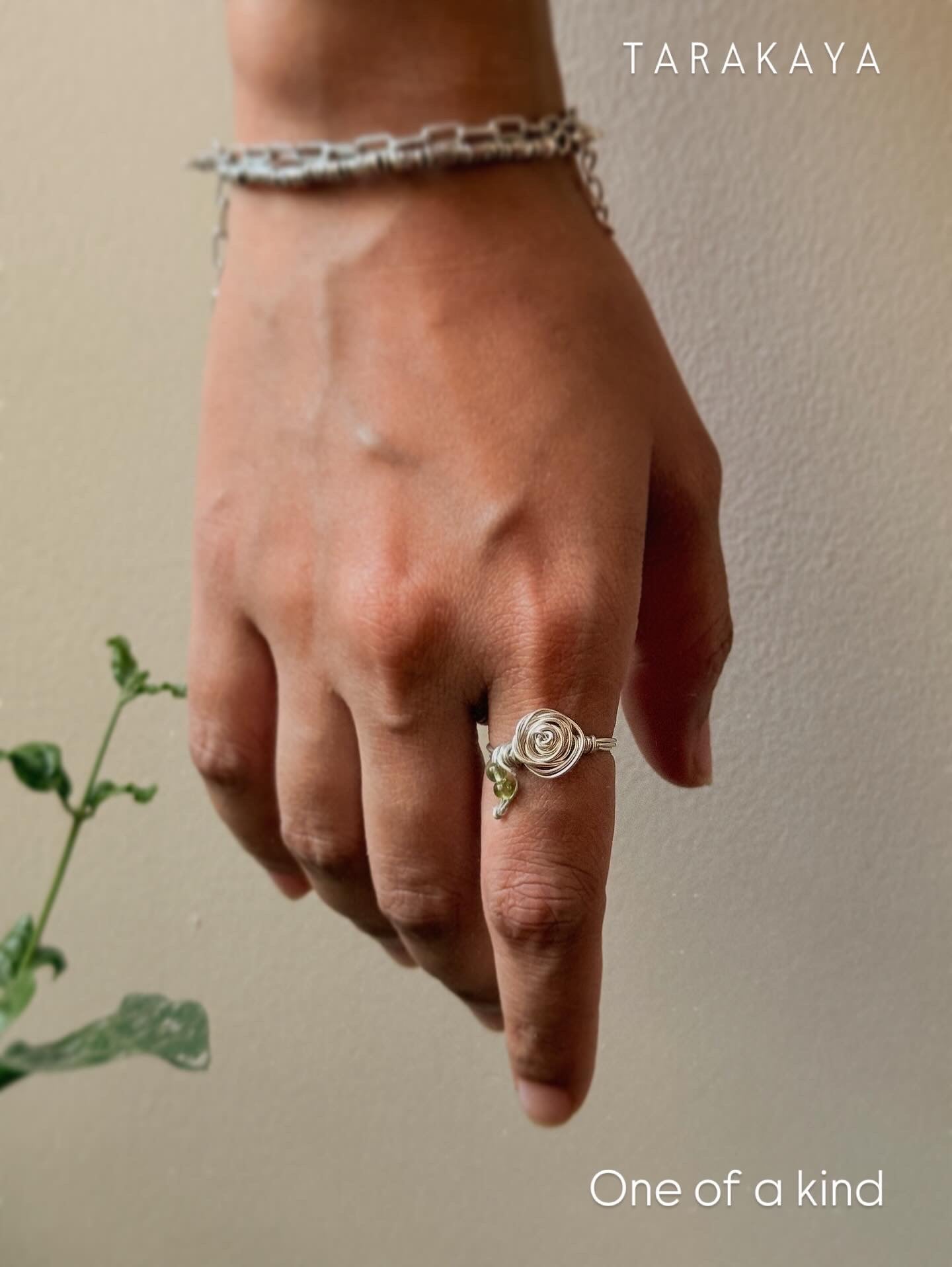 925 Sterling Silver Peridot Wire Wrapped Rose Handcrafted Ring
