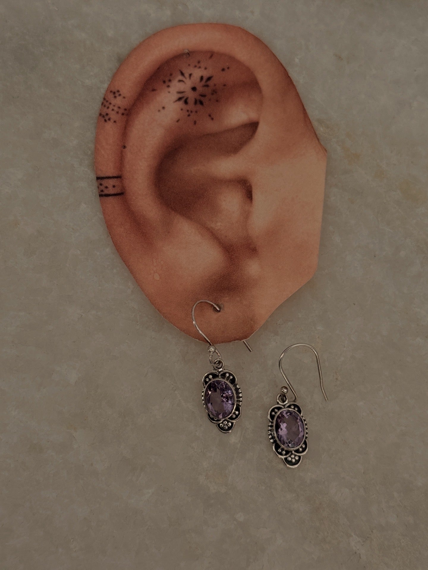 Oval amethyst boho rawa hook earrings in sterling silver