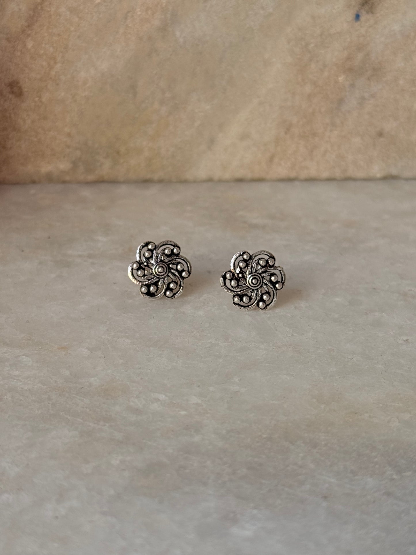 925 Sterling Silver Antique Plain Oxidised Boho Studs Earrings