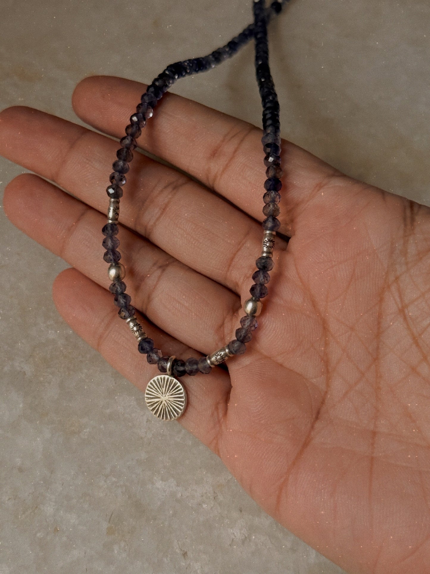 925 Sterling Silver Iolite Faceted 3-4mm Coin Charm Necklace