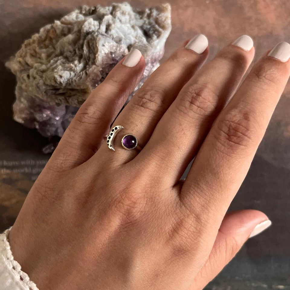 Amethyst Crescent Moon Adjustable Ring for Healing