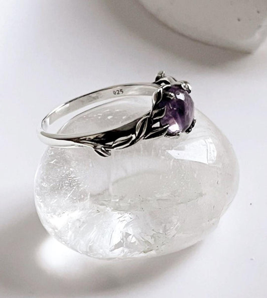 Amethyst Forest Enchantment Silver Ring with Intricate Design
