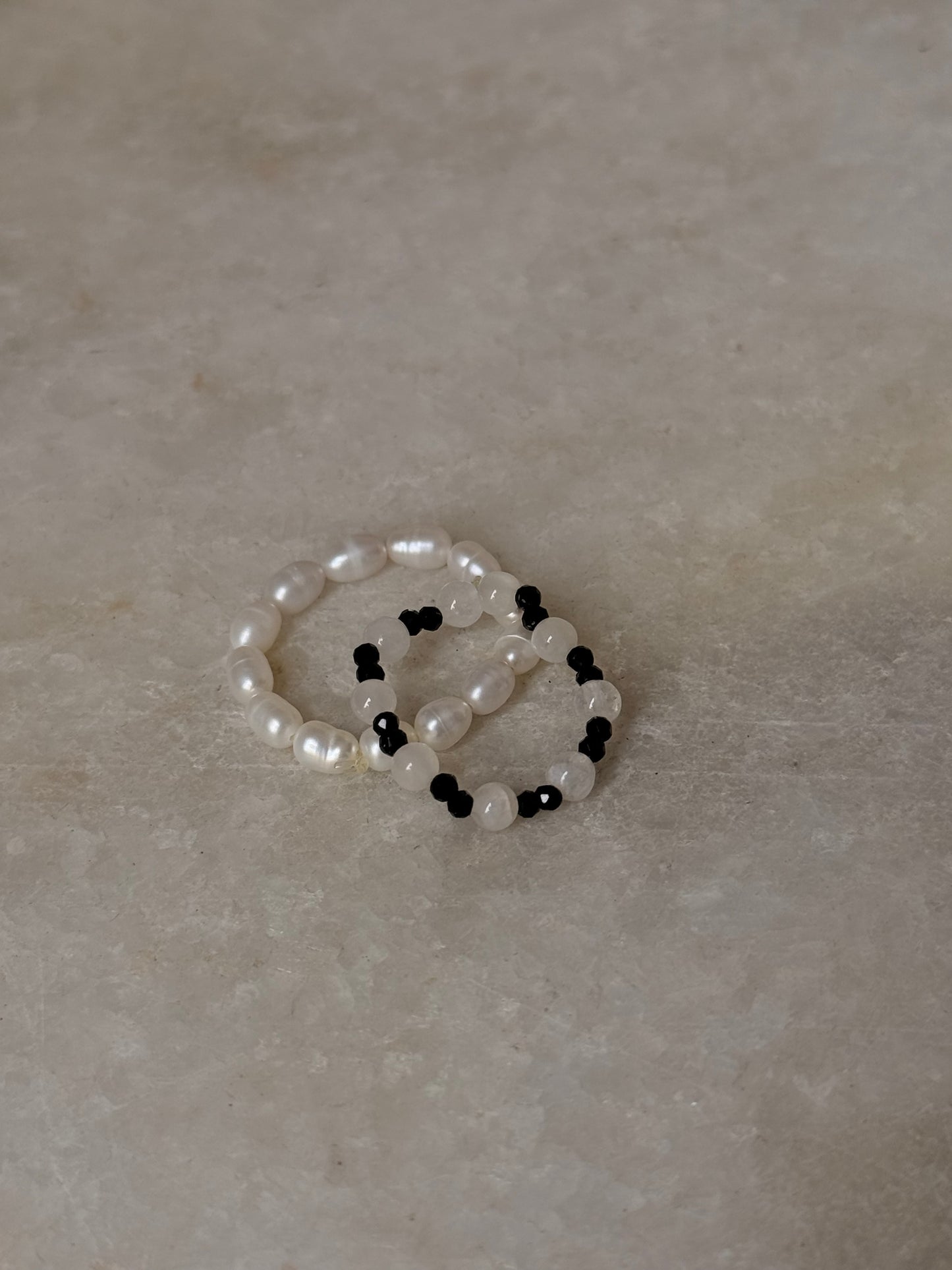 Natural Crystal Stretchy Fresh Water Pearl & Black Spinel Moonstone Rings