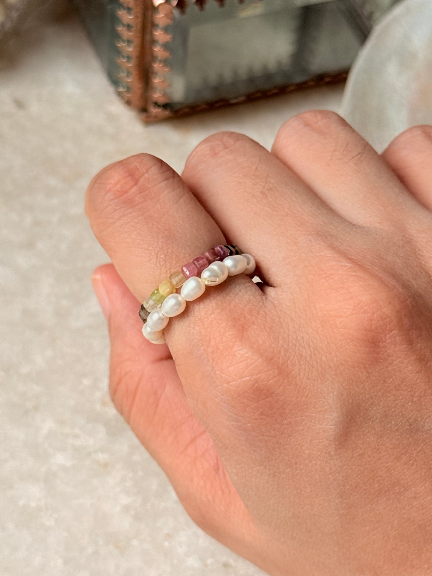 Natural Crystal Stretchy Multi Tourmaline Box & Fresh Water Pearl Rings