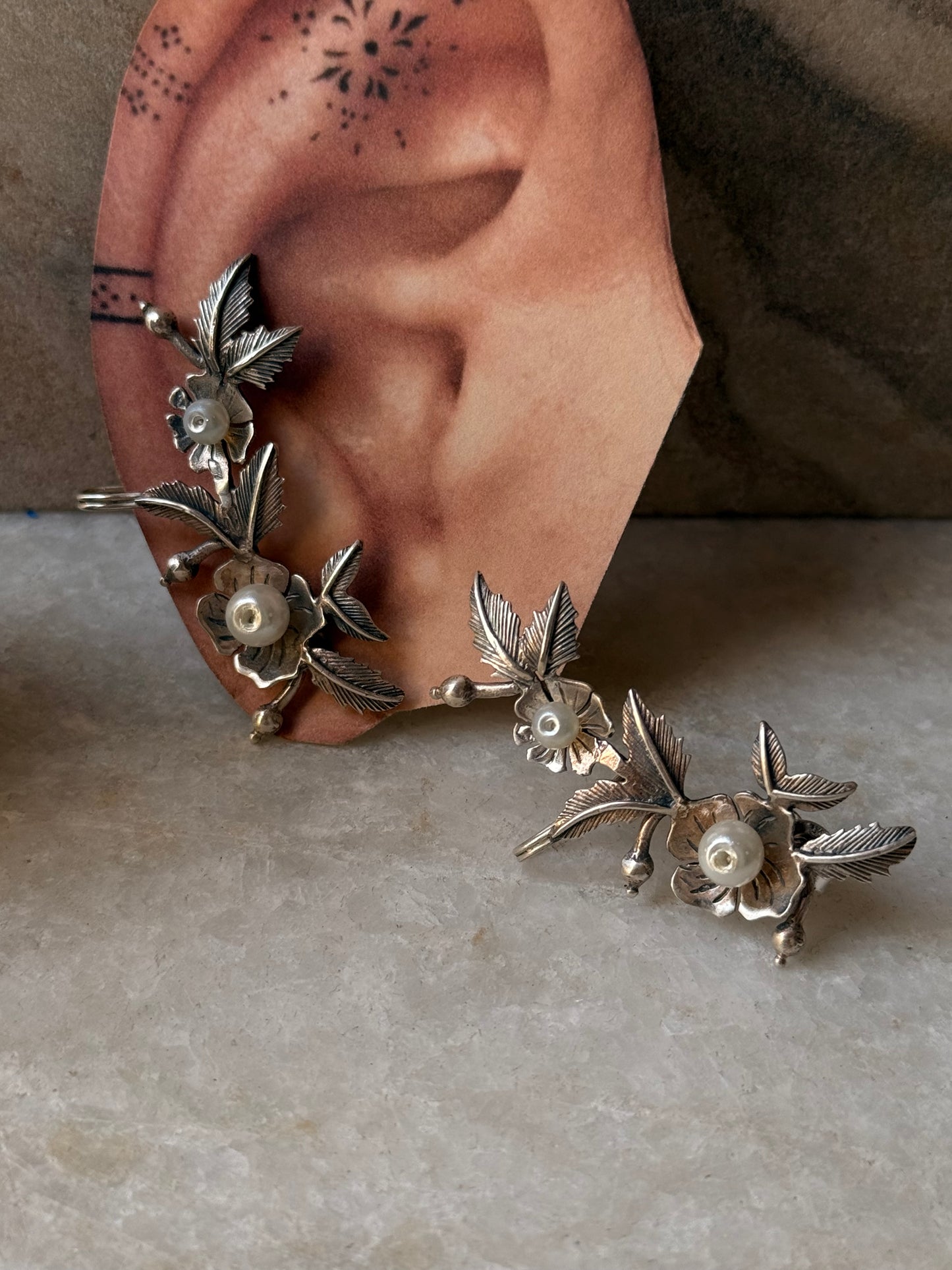 925 Sterling Silver Pearl Flower Leaf Studs Earrings