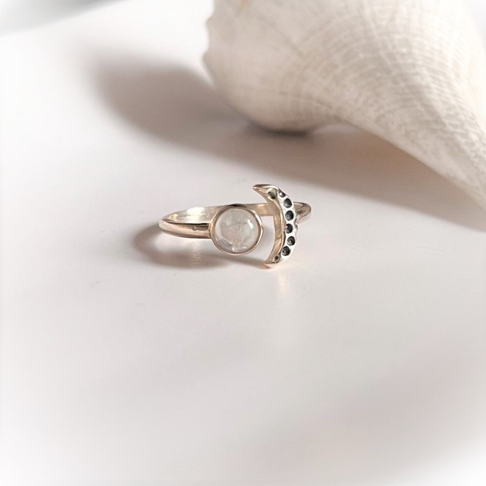 Charming Moonstone Crescent Moon Adjustable Ring for Boho Style