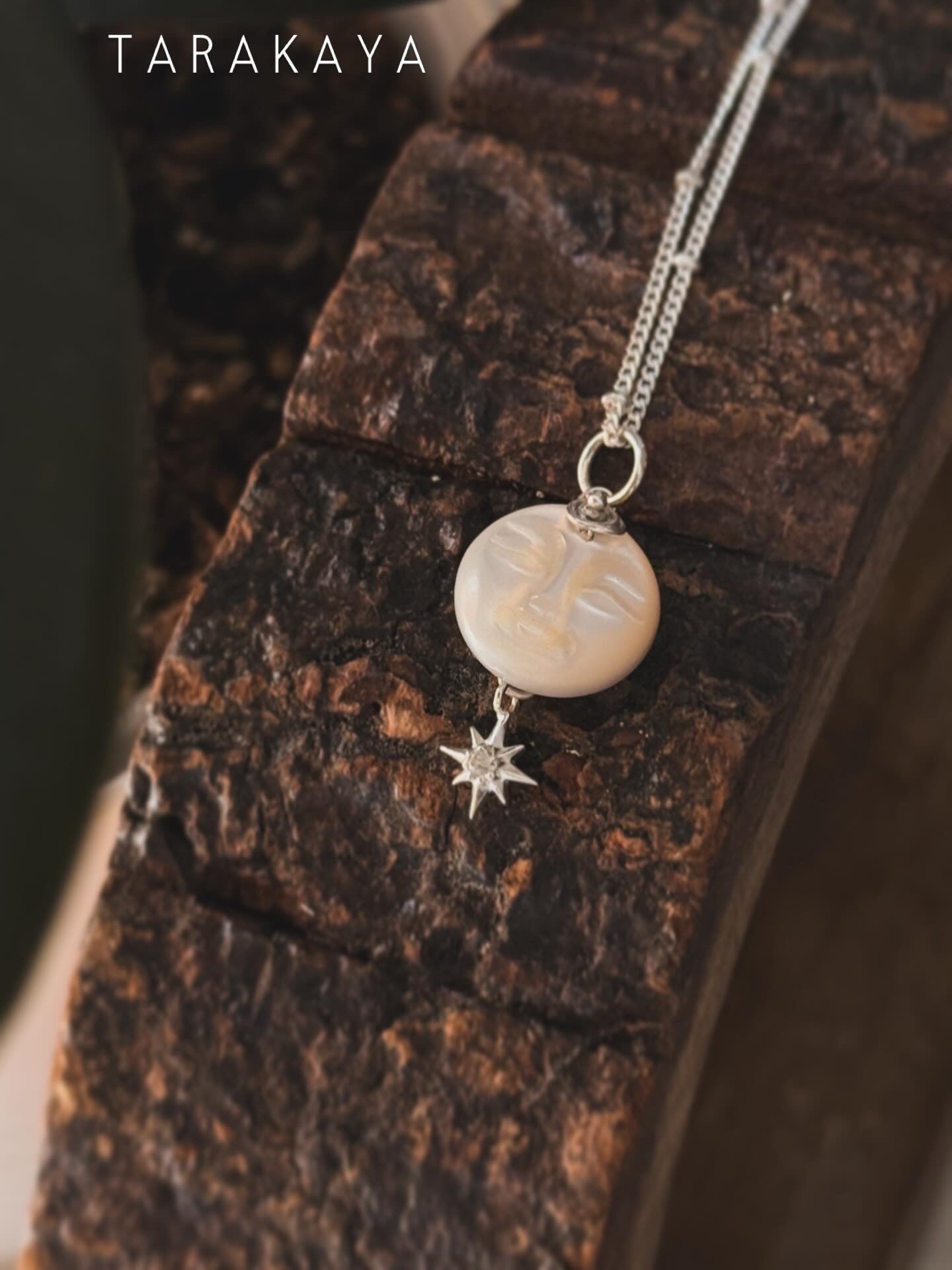 925 Sterling Silver Mother of Pearl Full Moon Face Carved White Topaz North Star Cable Dot Handcrafted Necklace
