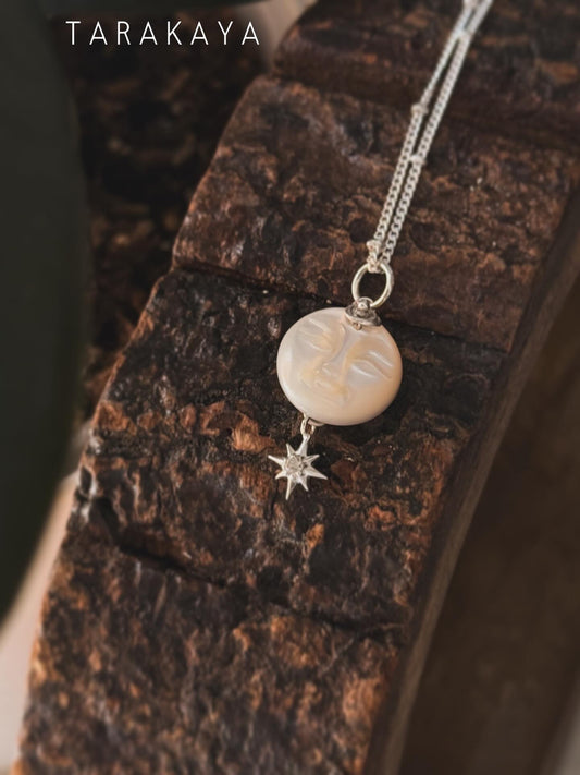 925 Sterling Silver Mother of Pearl Full Moon Face Carved White Topaz North Star Cable Dot Handcrafted Necklace