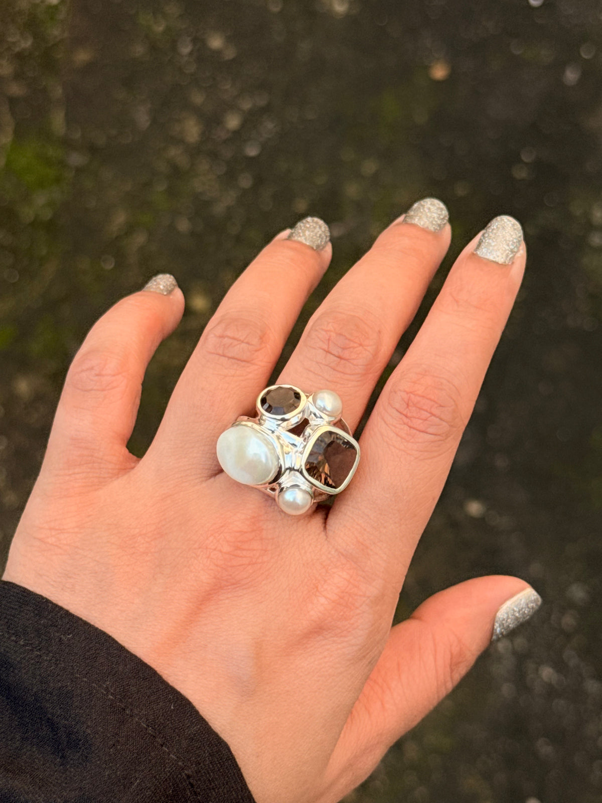 925 Sterling Silver Fresh Water Pearls & Smokey Quartz Cluster Statement Ring
